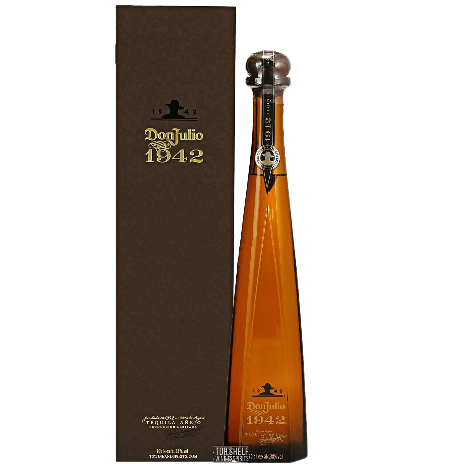 Don Julio Añejo 1942 Tequila bottle and box, aged for over two years, showcasing premium craftsmanship and quality.