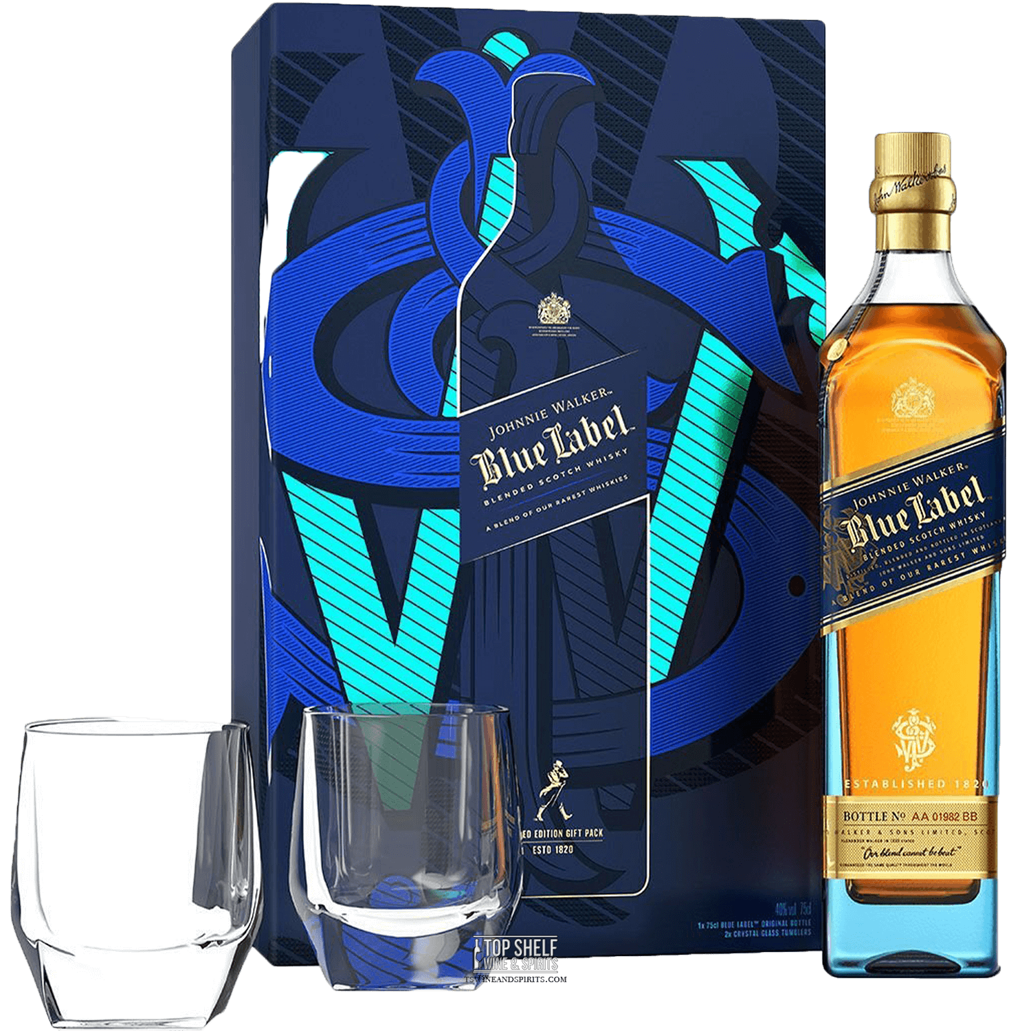 Johnnie Walker Blue Label Gift Set with 2 whiskey glasses, featuring a luxurious design and exquisite whiskey.
