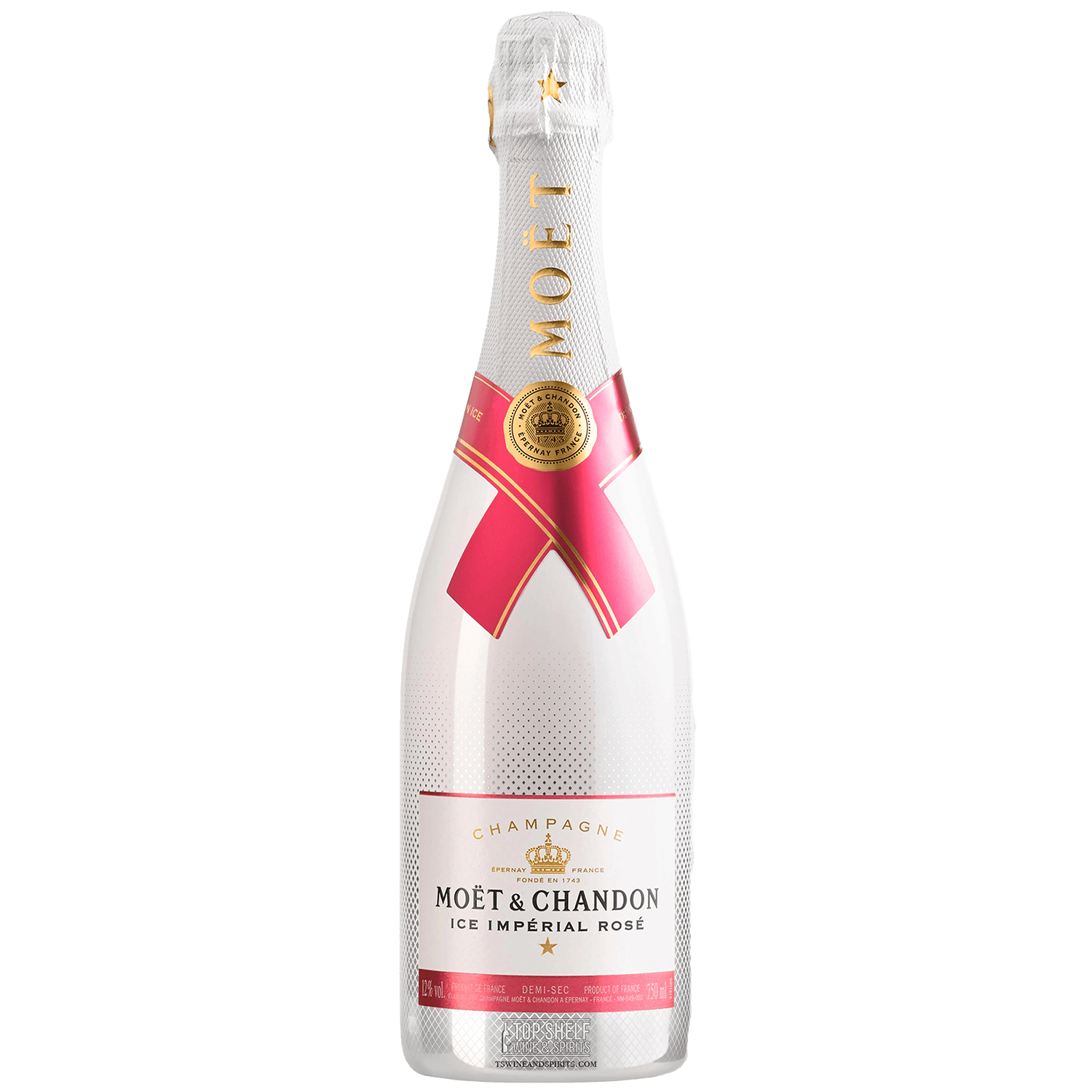 Moët & Chandon Ice Impérial Rosé champagne bottle with vibrant pink and sparkling gold highlights.