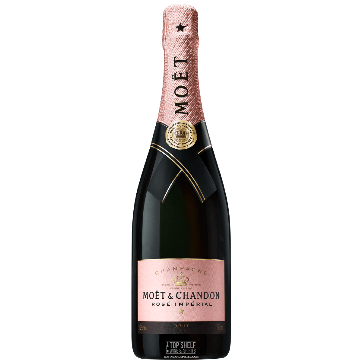 Moët & Chandon Rosé Impérial champagne bottle showcasing its radiant pink hue and elegant design.