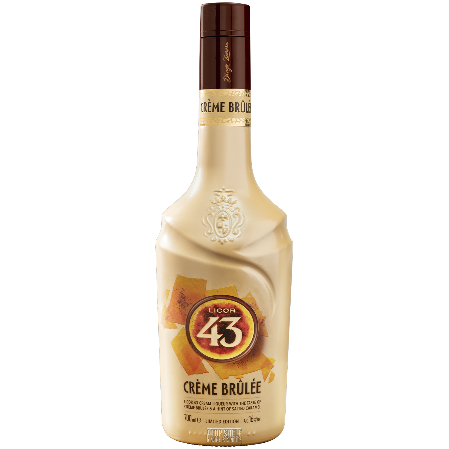 Licor 43 Crème Brûlée liqueur bottle featuring a creamy yellow color and caramel notes