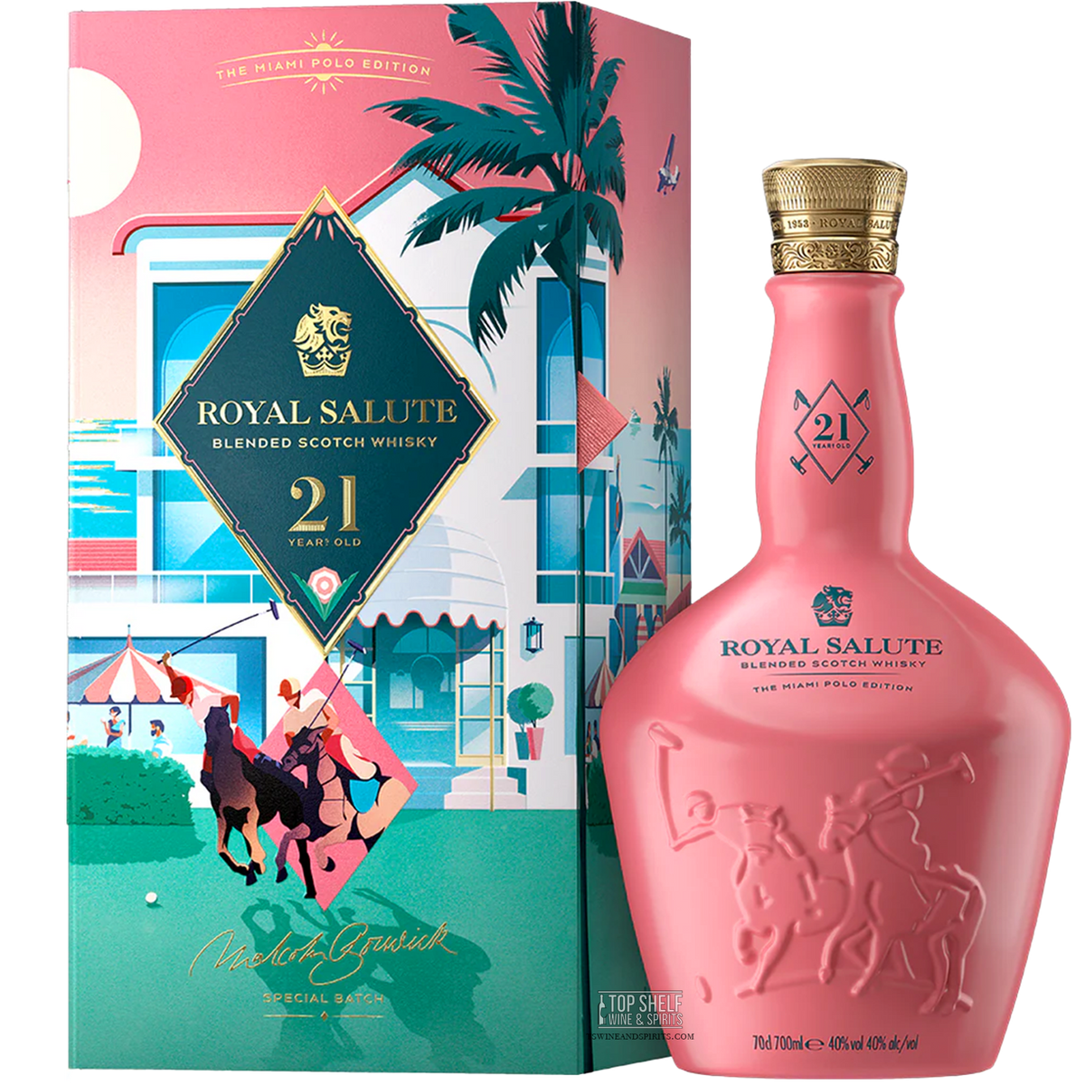 Royal Salute The Miami Polo Edition 21 Year Old Blended Scotch Whisky bottle and packaging, showcasing elegance and luxury.