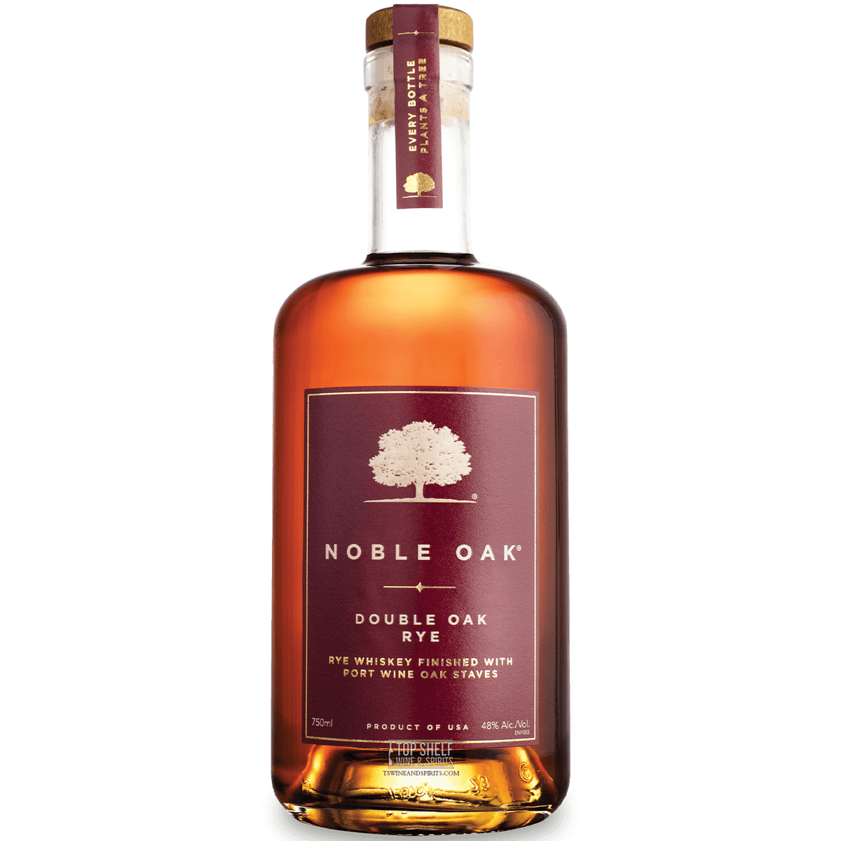 Noble Oak Double Oak Rye whiskey bottle featuring port wine staves, showcasing rich amber color and elegant design.