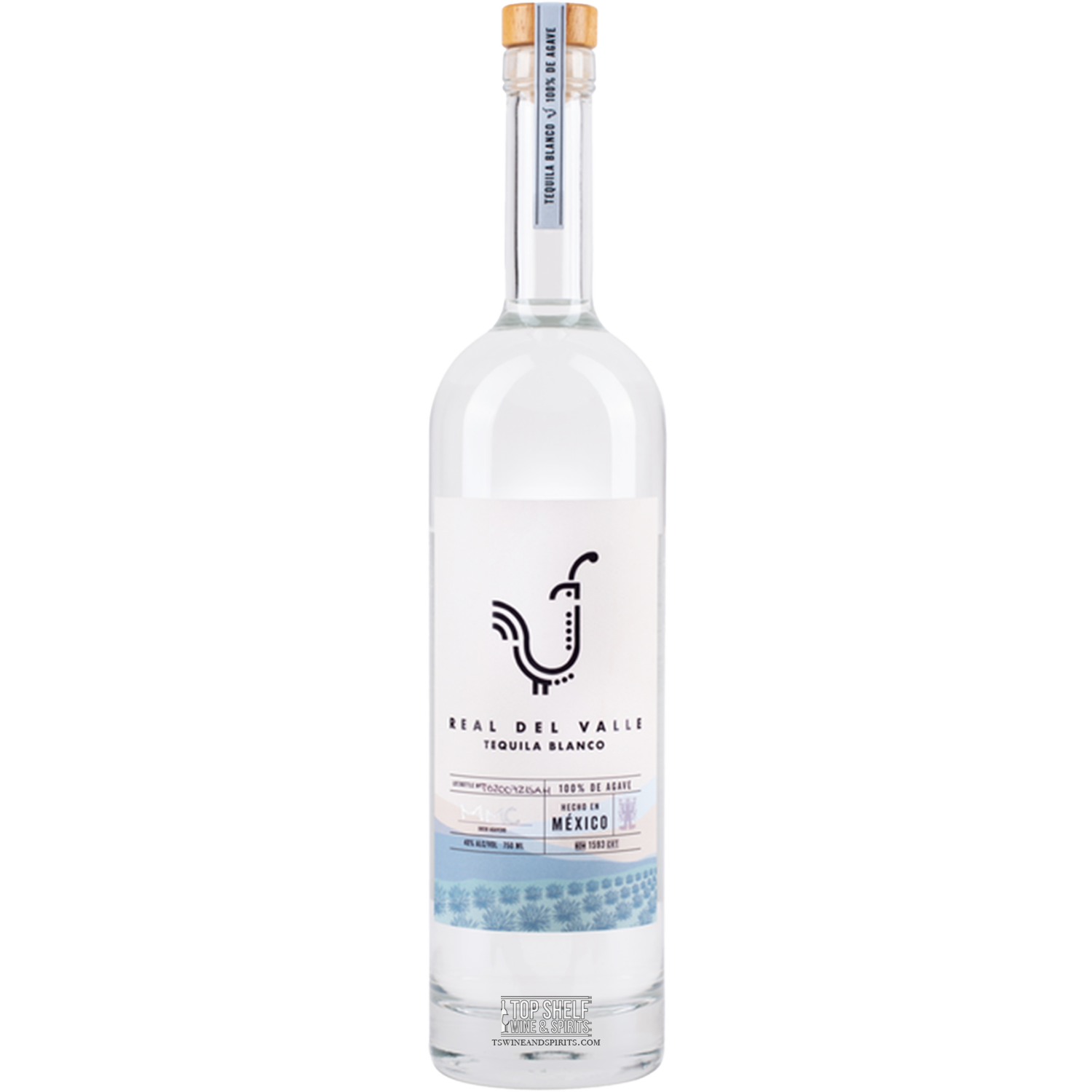 Real Del Valle Blanco Tequila, 80 proof, characterized by citrus, vanilla, and pepper notes, additive free, copper distilled.