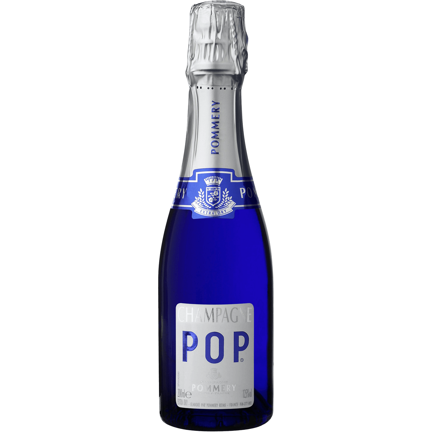Pommery Pop Extra Dry Champagne 187mL bottle with blue label and sleek design.