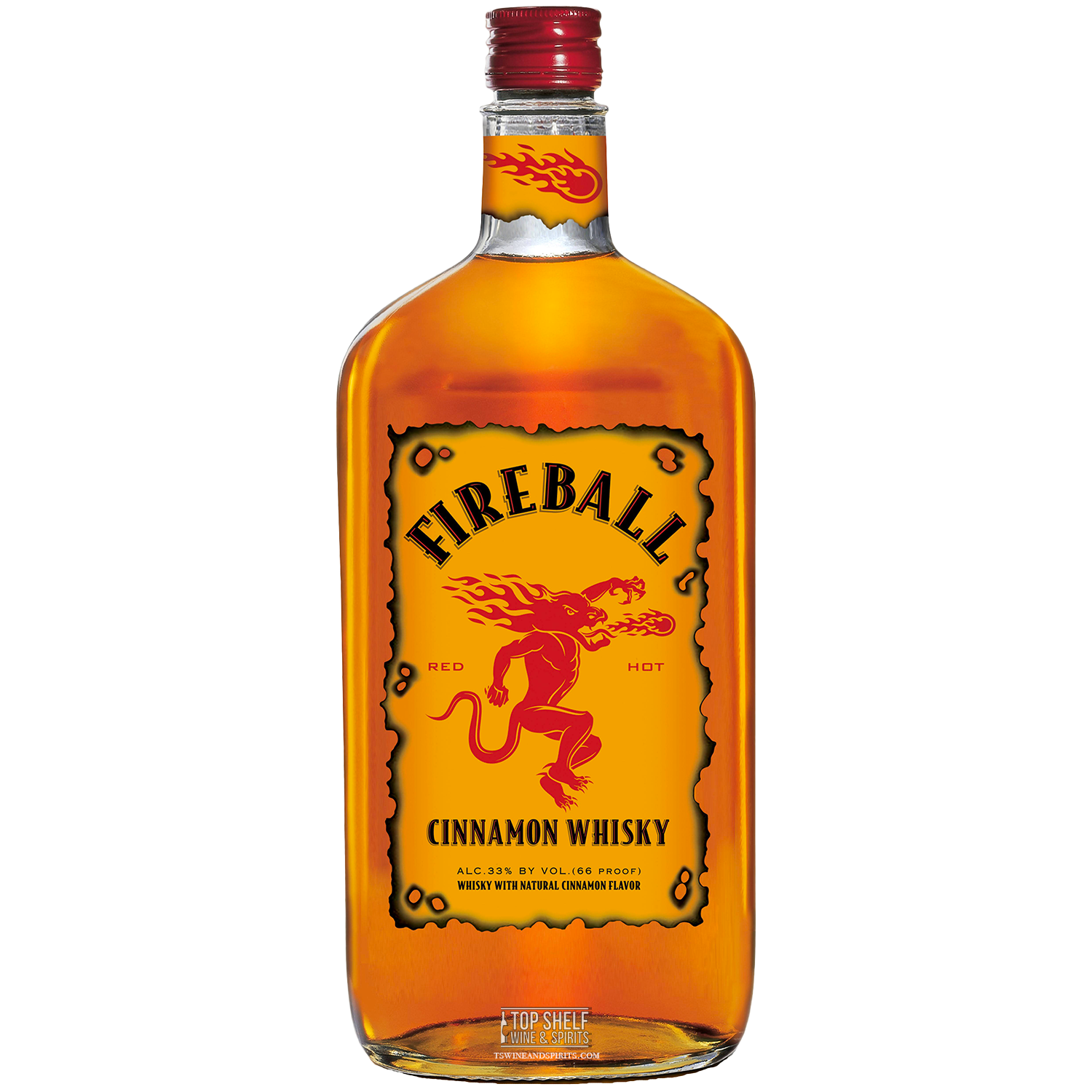 Fireball Cinnamon Whisky 750ml bottle with fiery dragon design and bright orange label, 33% ABV.