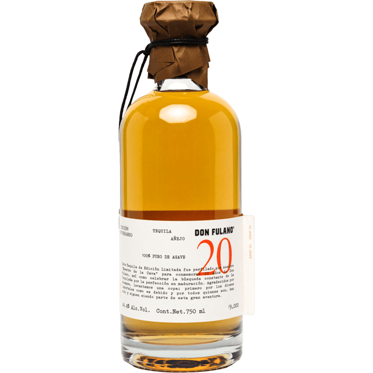 Bottle of Don Fulano 20th Anniversary Añejo Tequila, a limited edition crafted from estate orchards.