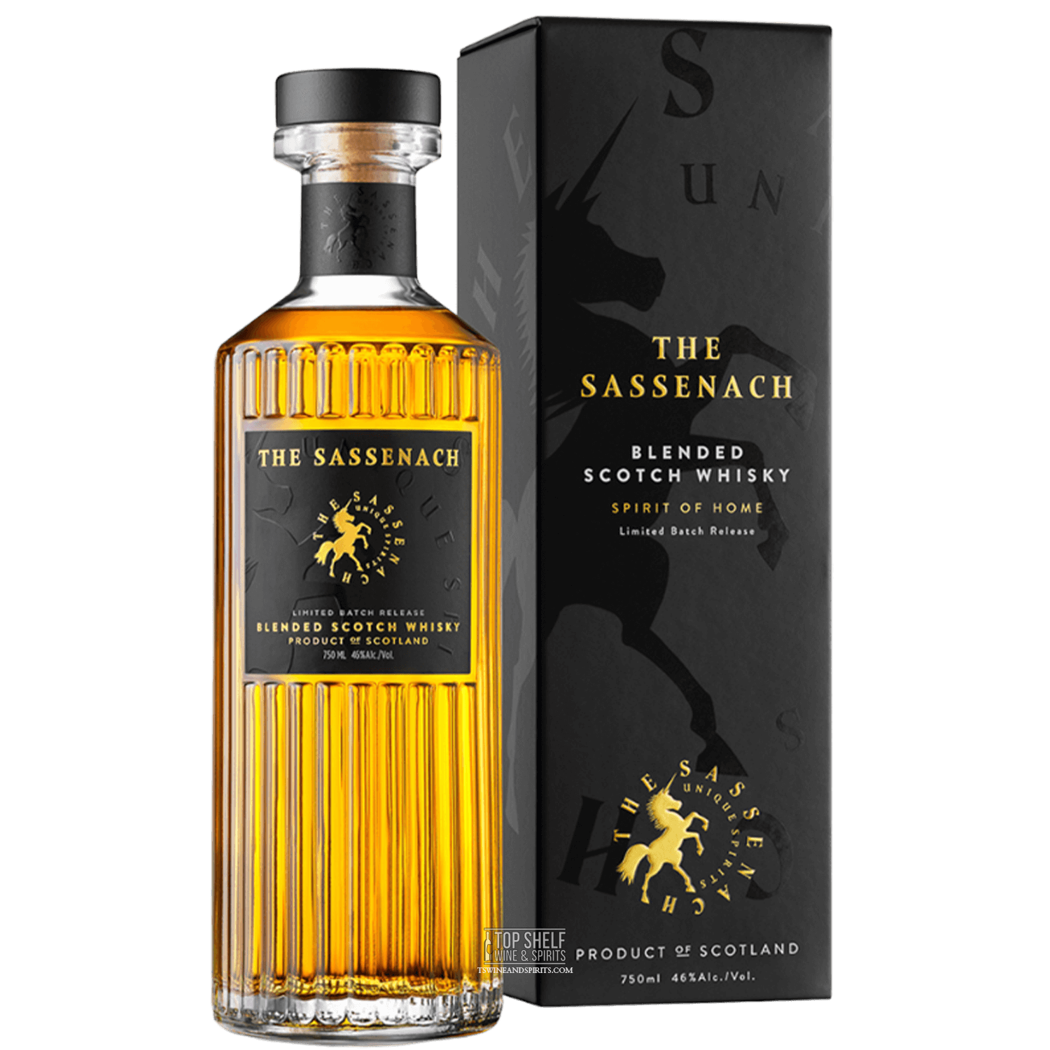 The Sassenach Blended Scotch Whisky bottle with box, showcasing its rich color and elegant design.
