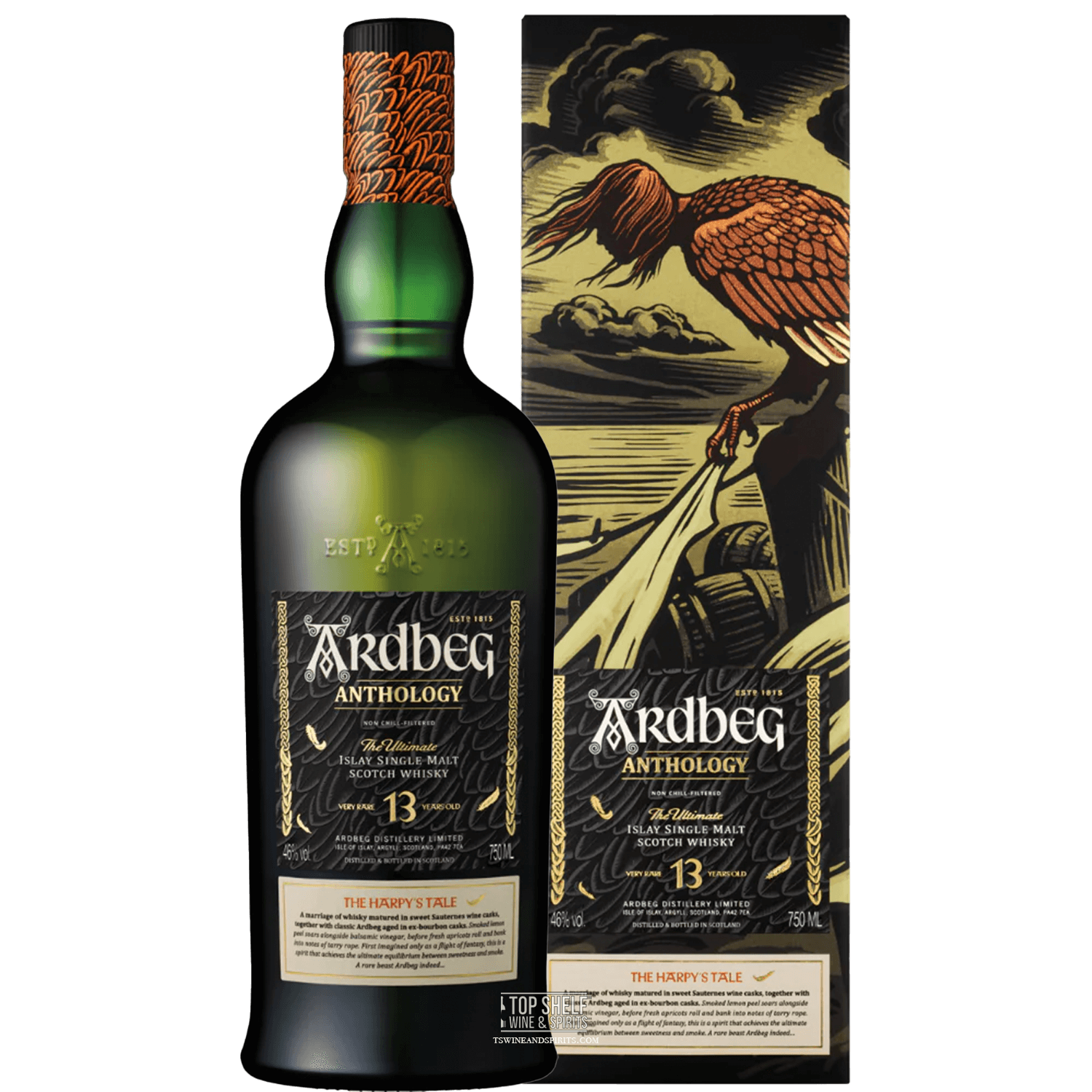 Ardbeg Anthology 13 Year The Harpy's Tale single malt whisky bottle and box design.