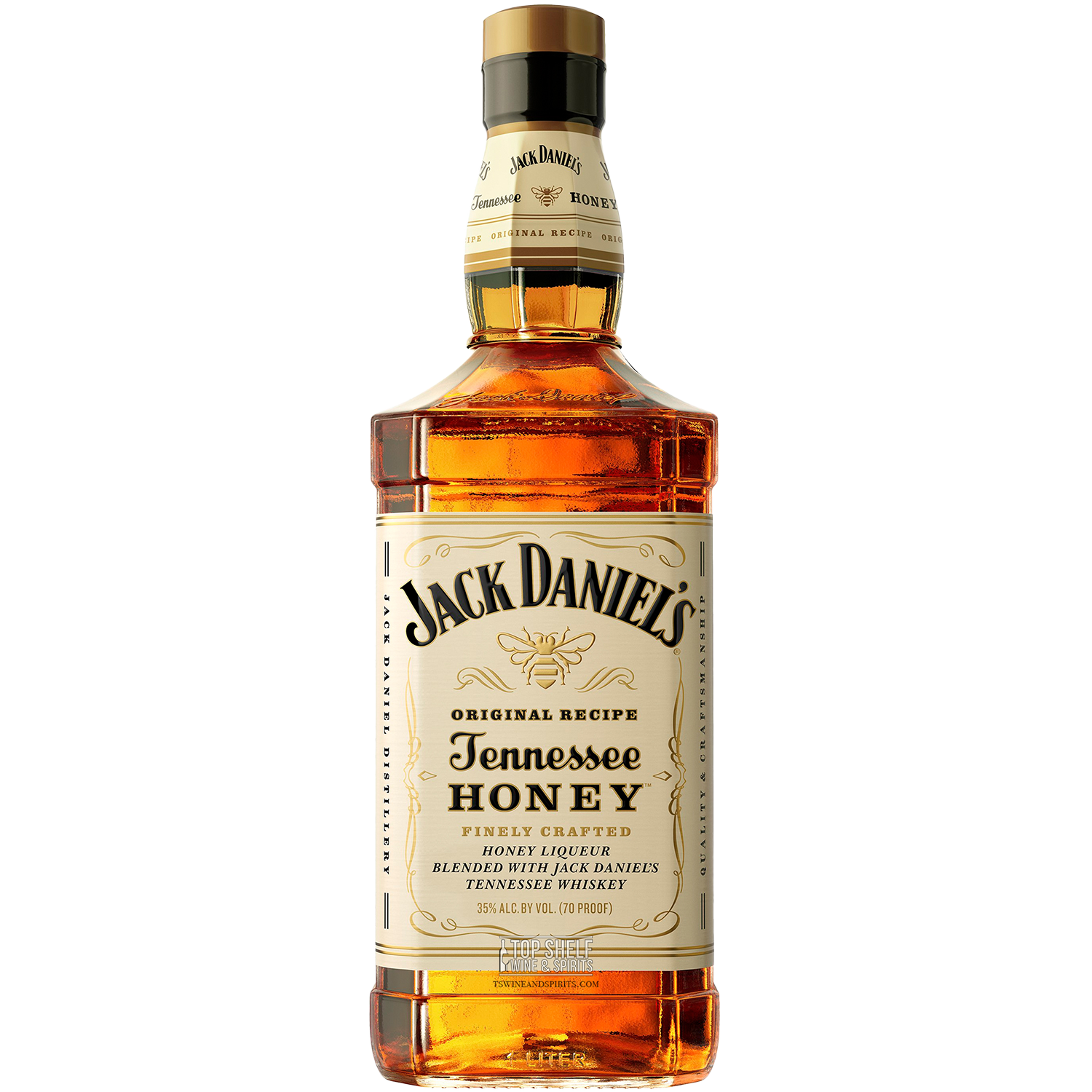 Jack Daniel's Tennessee Honey whiskey bottle featuring rich amber color and honey liqueur blend for a smooth taste.