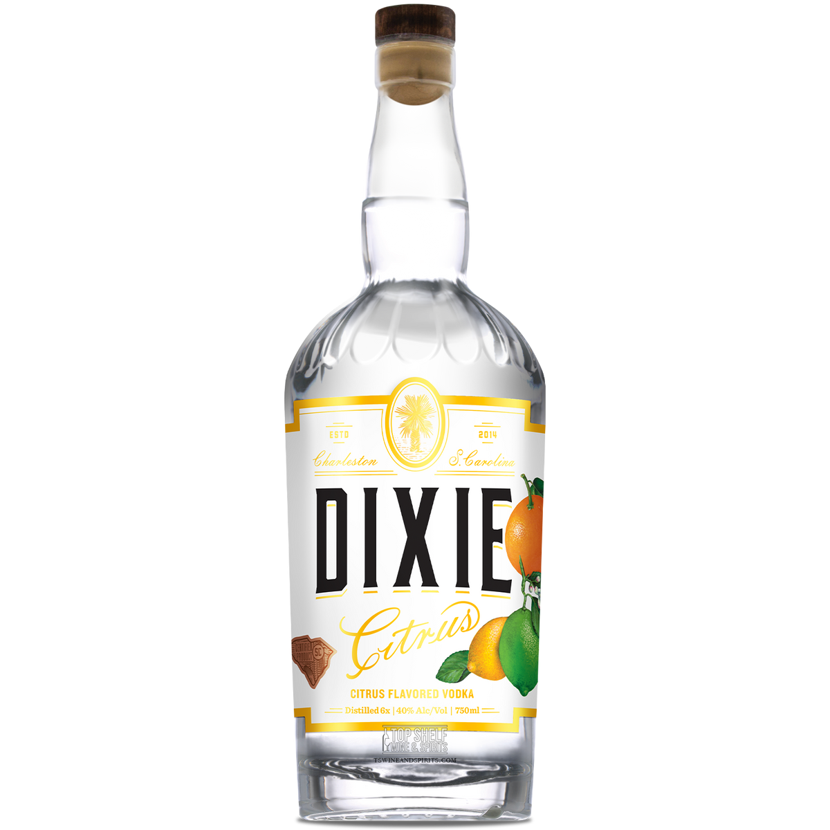 Bottle of Dixie Citrus Flavored Vodka showcasing fresh Florida citrus, smooth and subtly sweet, perfect for cocktails.