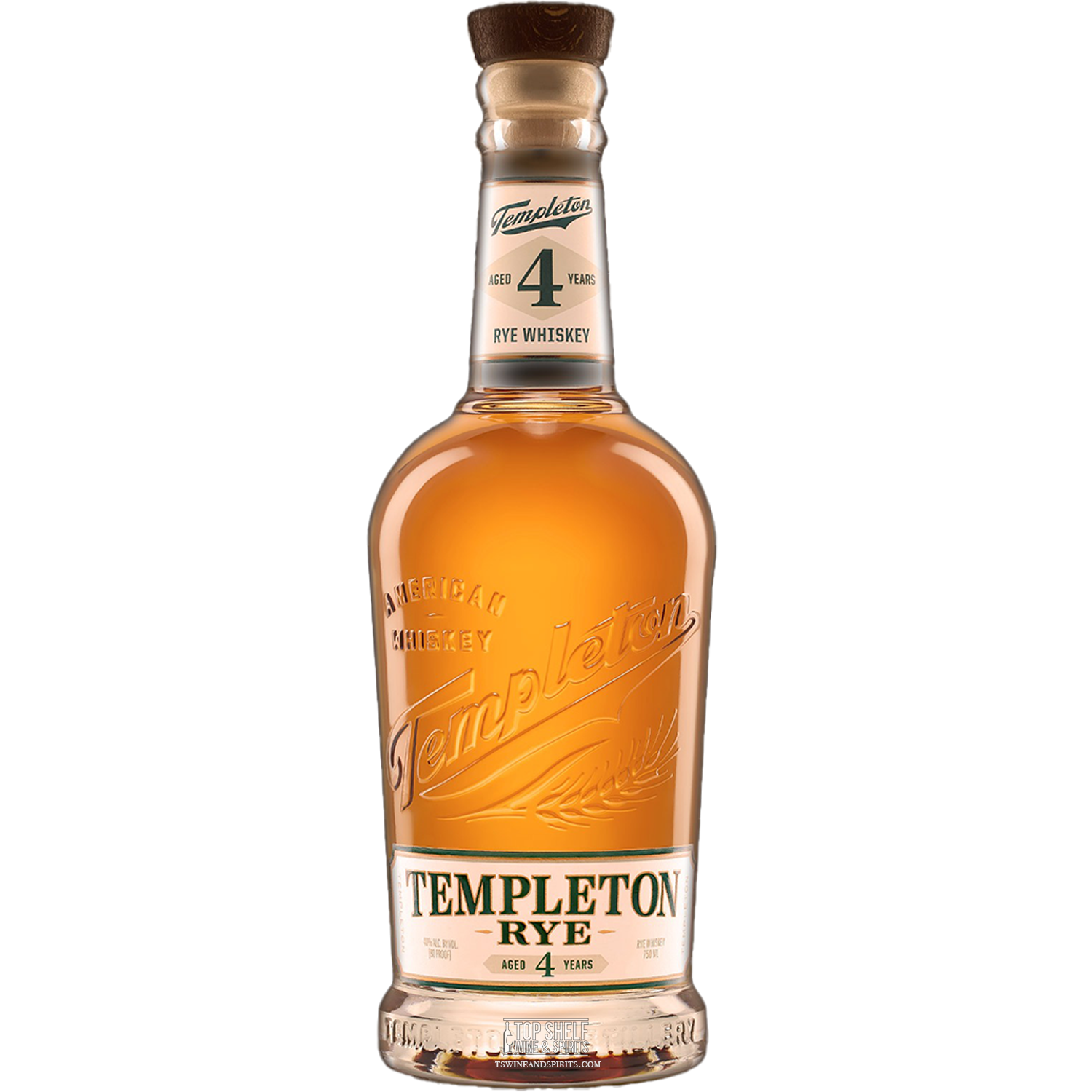 Bottle of Templeton Rye 4 Year, a smooth aged American rye whiskey known for its bold flavor.