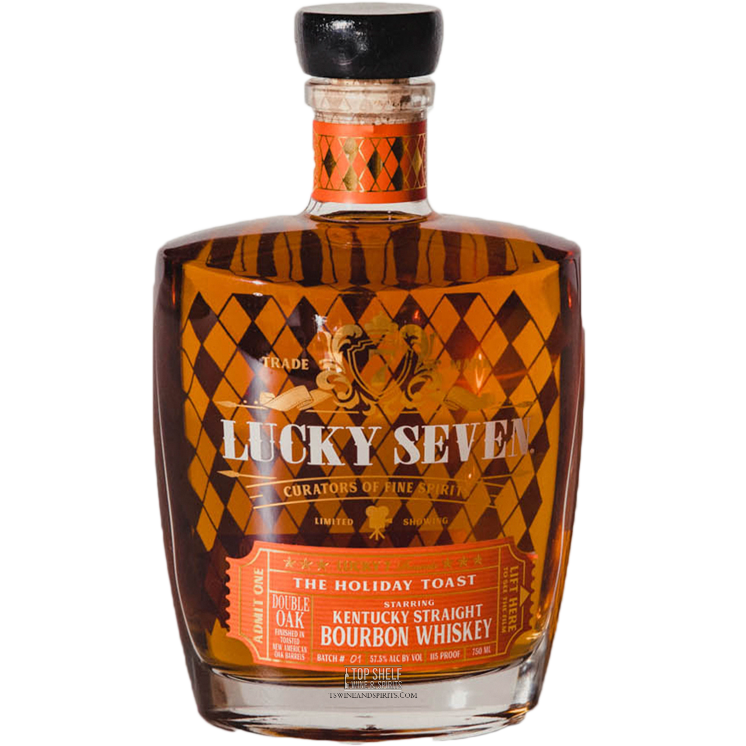 Lucky Seven The Holiday Toast Double Oak Kentucky Bourbon whiskey bottle, aged and finished in toasted oak barrels.