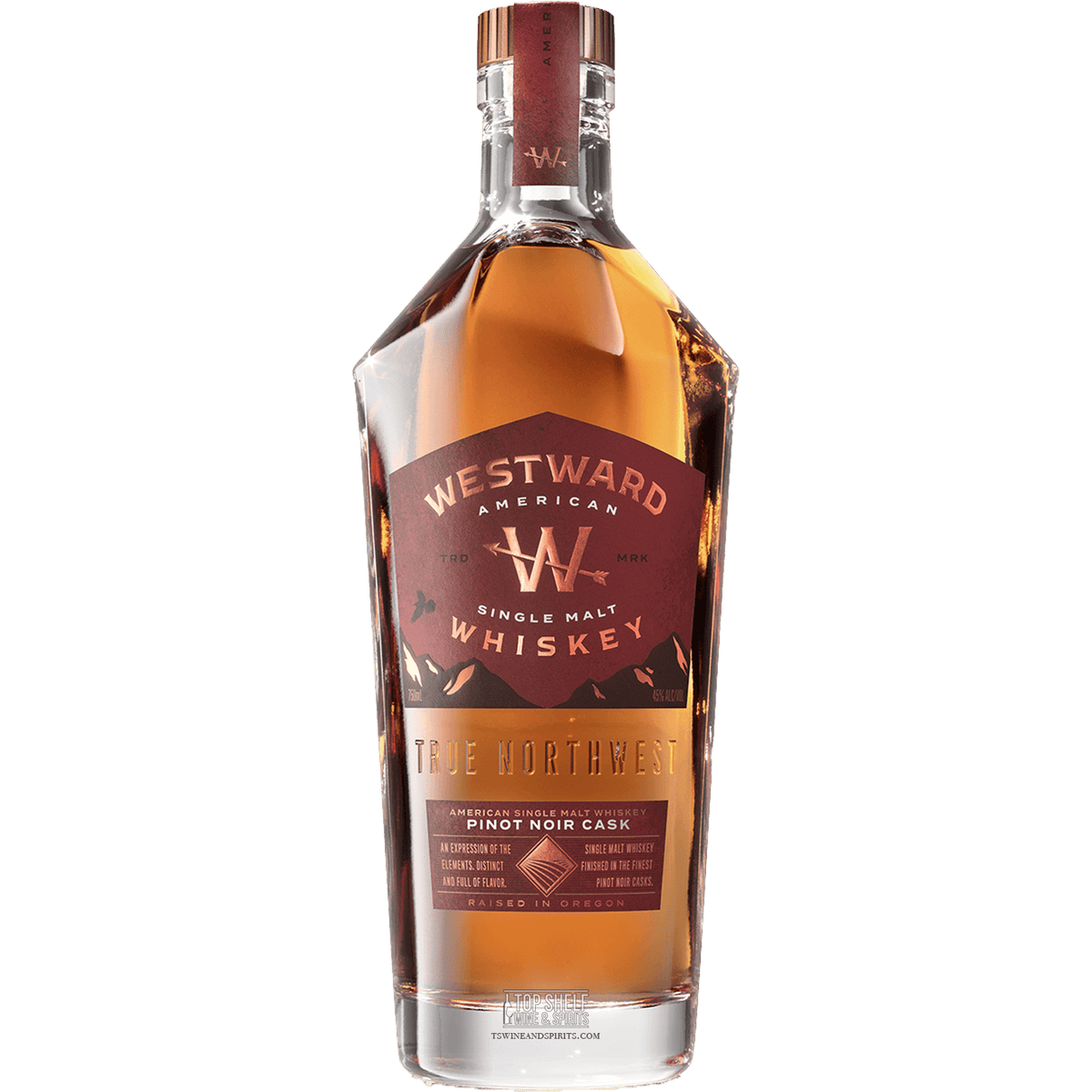 Westward American Single Malt Pinot Noir Cask Whiskey bottle showcasing vibrant amber color and elegant design.