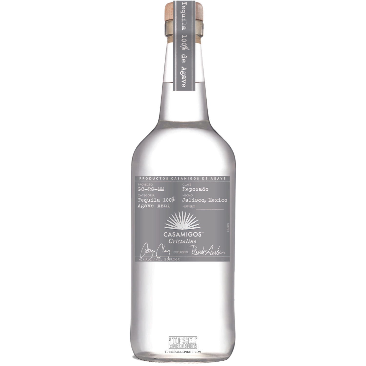 Casamigos Cristalino Reposado Tequila bottle showcasing clear glass, silver label, and premium agave quality.