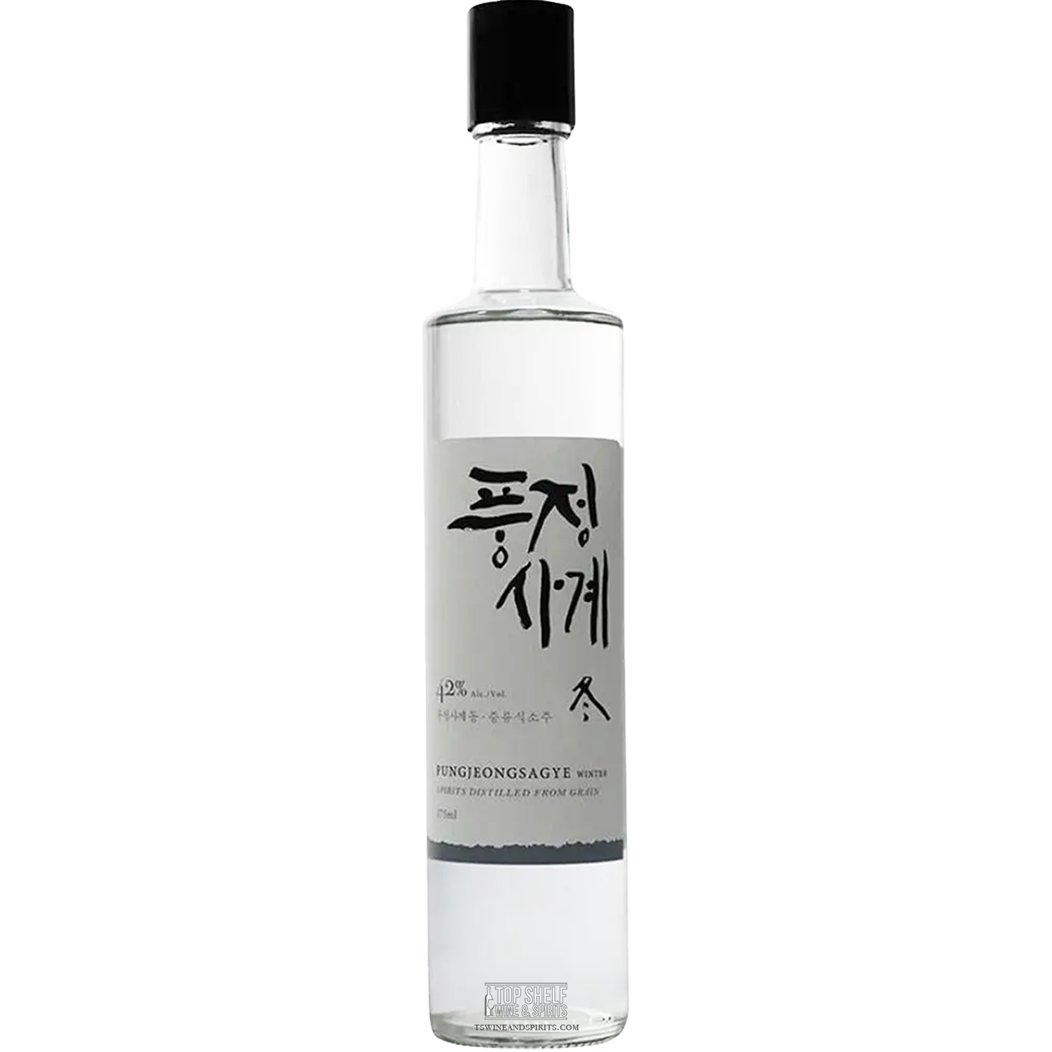 Pungjeong Sagye Winter Gray Soju bottle, 375mL, 42% ABV, showcasing a clear and smooth Korean spirit.