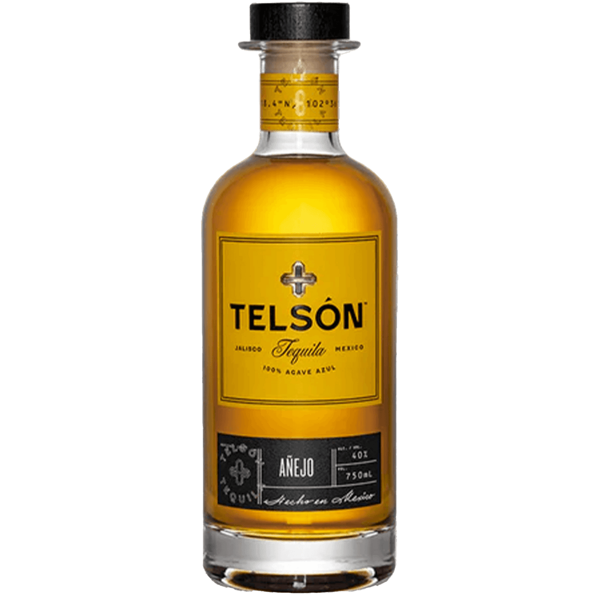 Telsón Añejo Tequila bottle showcasing rich amber color, crafted in Jalisco, Mexico, highlighting its premium quality.