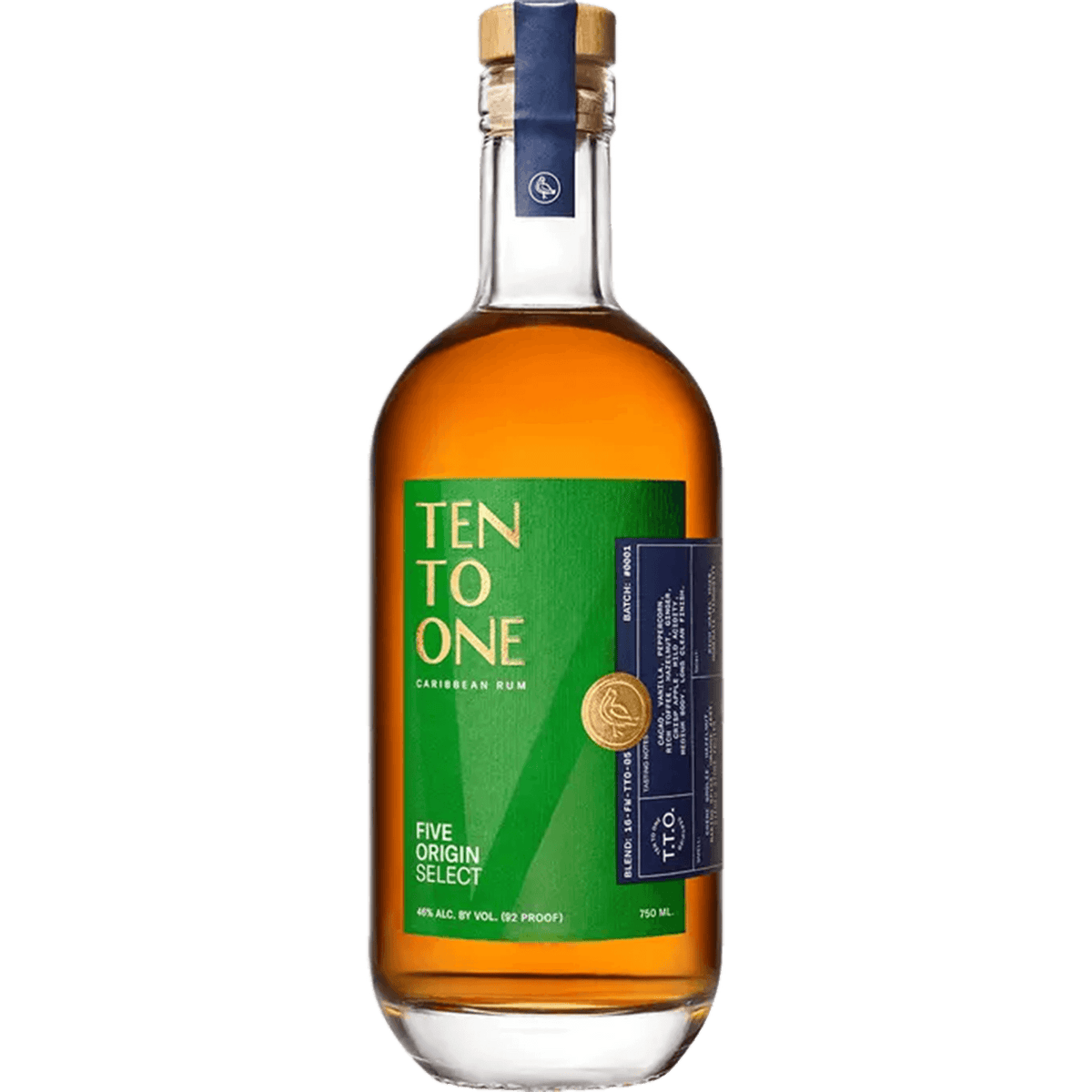 Bottle of Ten To One Five Origin Select Rum, a premium Caribbean rum aged up to 15 years.