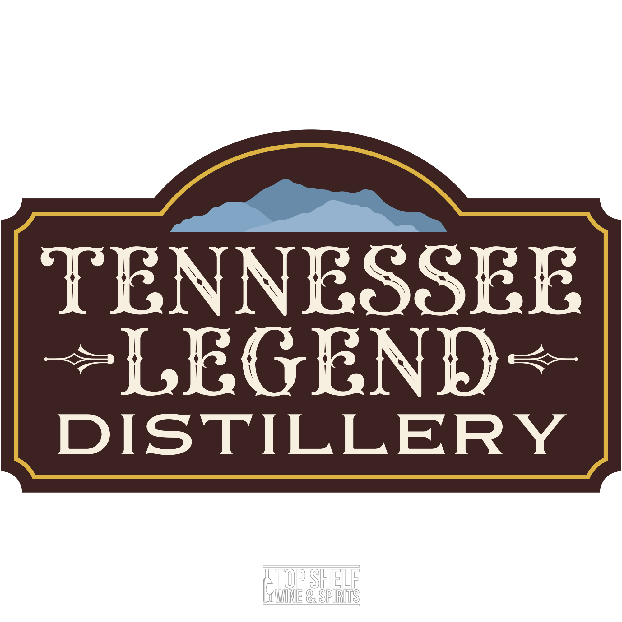 Tennessee Legend Distillery logo featuring mountains and vintage typography, perfect for showcasing premium spirits.