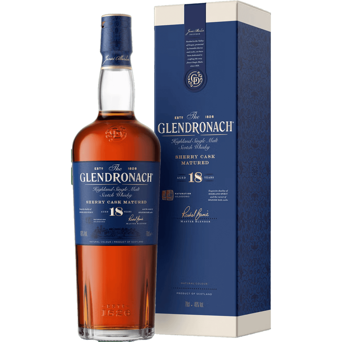 The Glendronach 18 Year Sherry Cask Scotch Whisky bottle and box, showcasing rich sherried flavor profile.