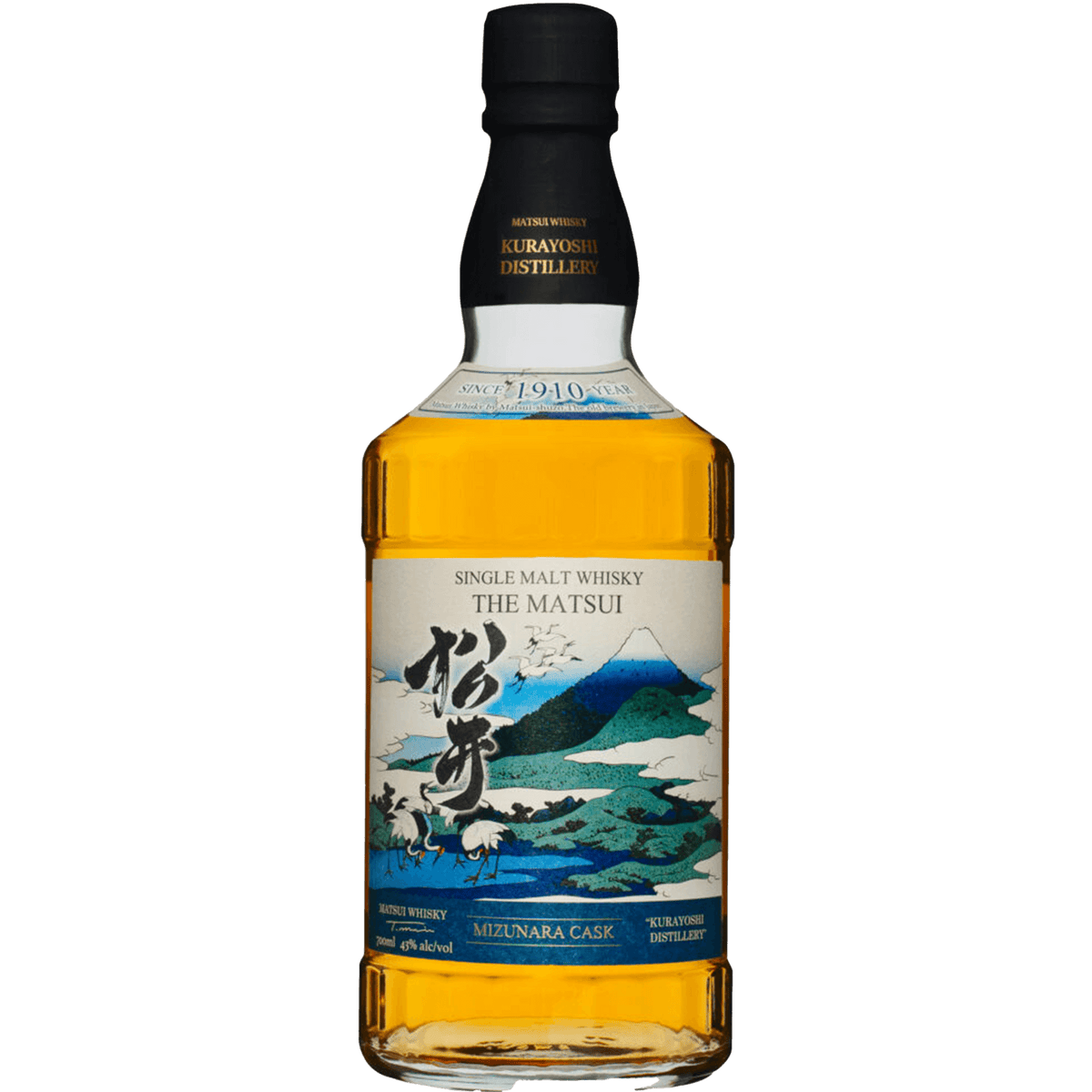 The Matsui Single Malt Whisky Mizunara Cask 700ml in a distinctive bottle with Japanese artwork.
