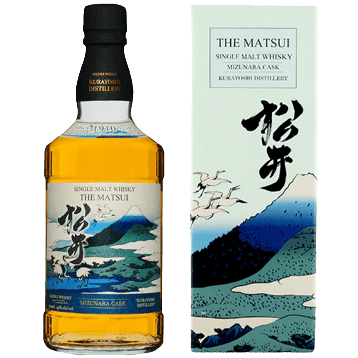 The Matsui Single Malt Whisky Mizunara Cask 700ml with decorative packaging, showcasing Tottori's rich heritage.
