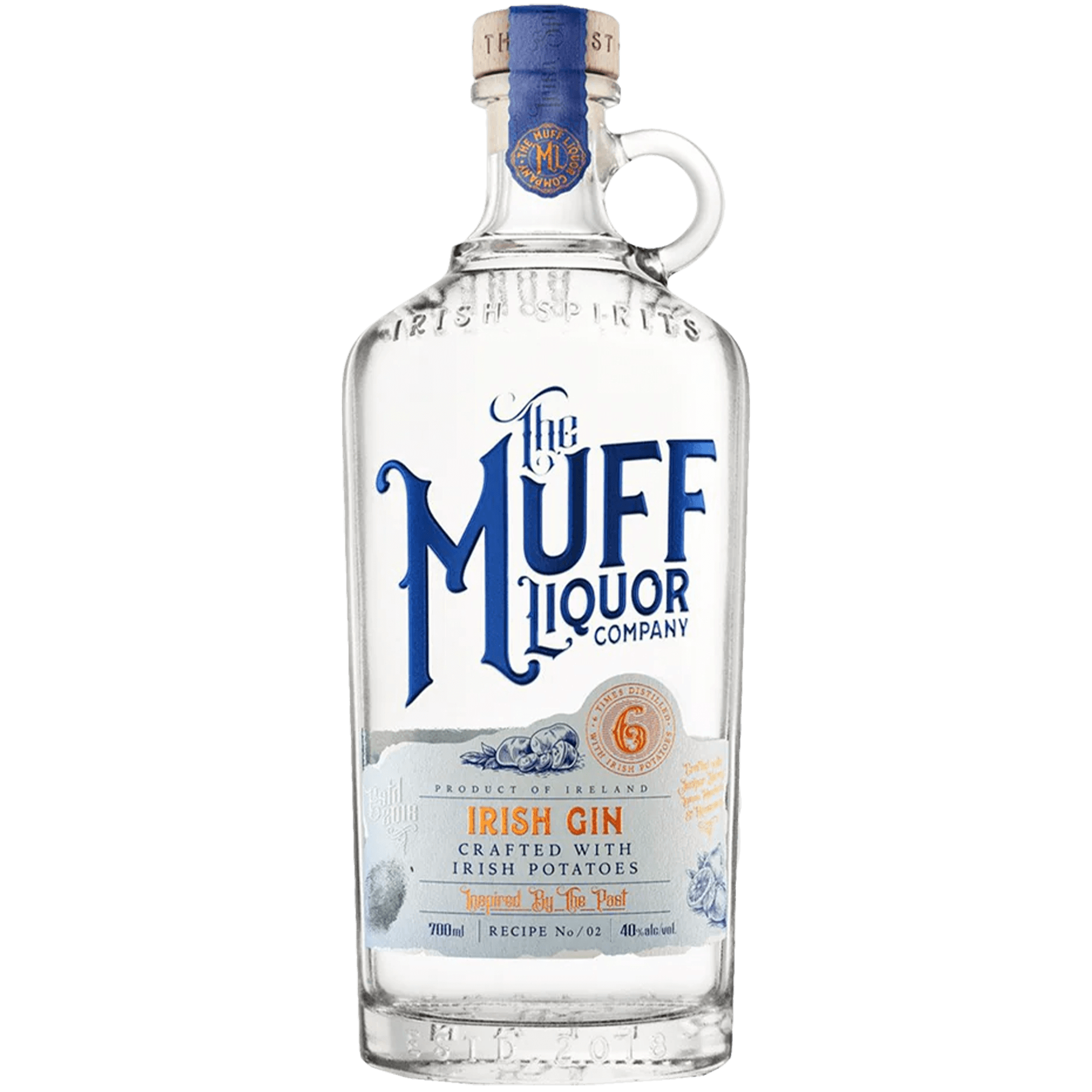 The Muff Liquor Irish Potato Gin 700ml bottle showcasing its handcrafted quality and unique botanicals.