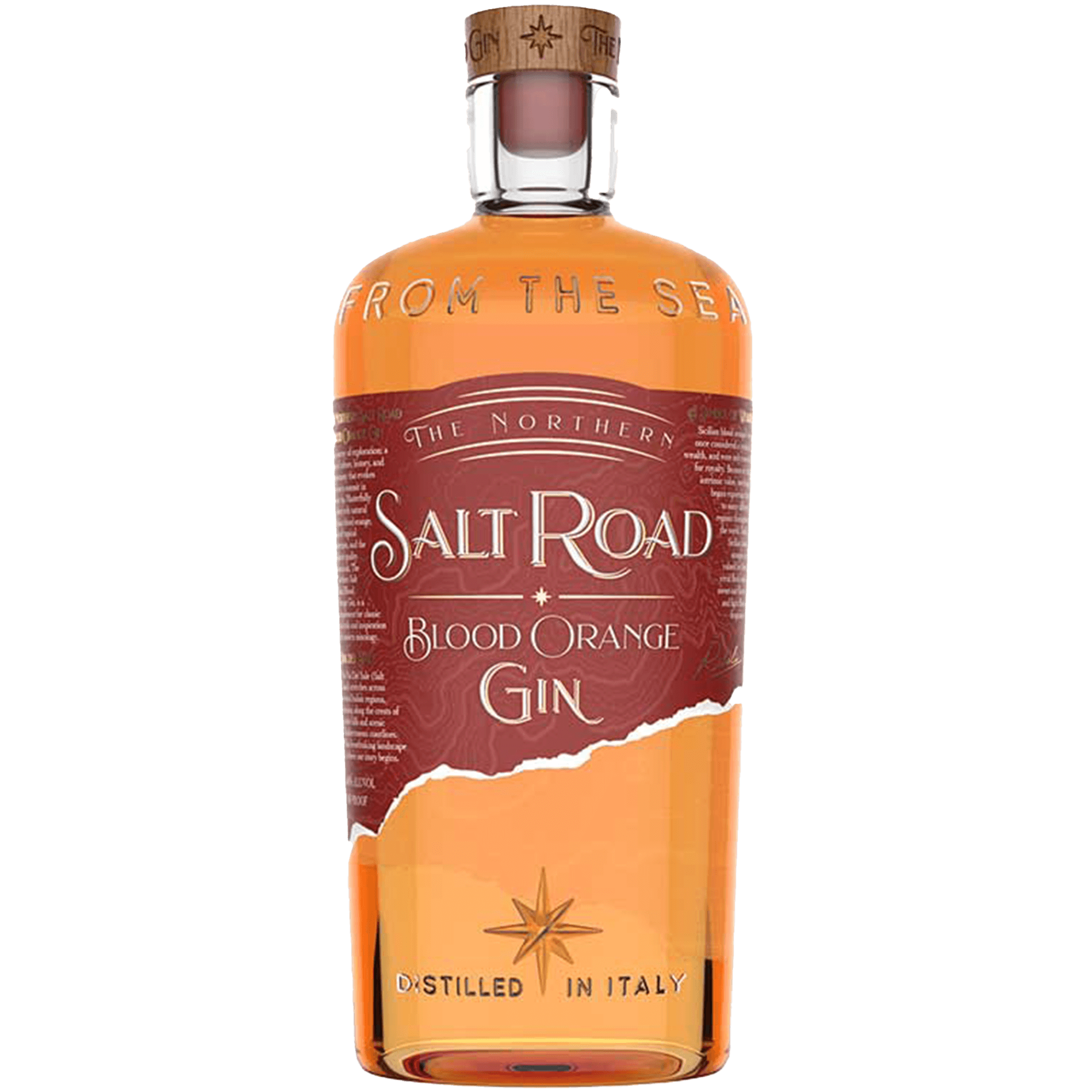 Bottle of Northern Salt Road Blood Orange Gin showcasing its vibrant hue and bold branding.