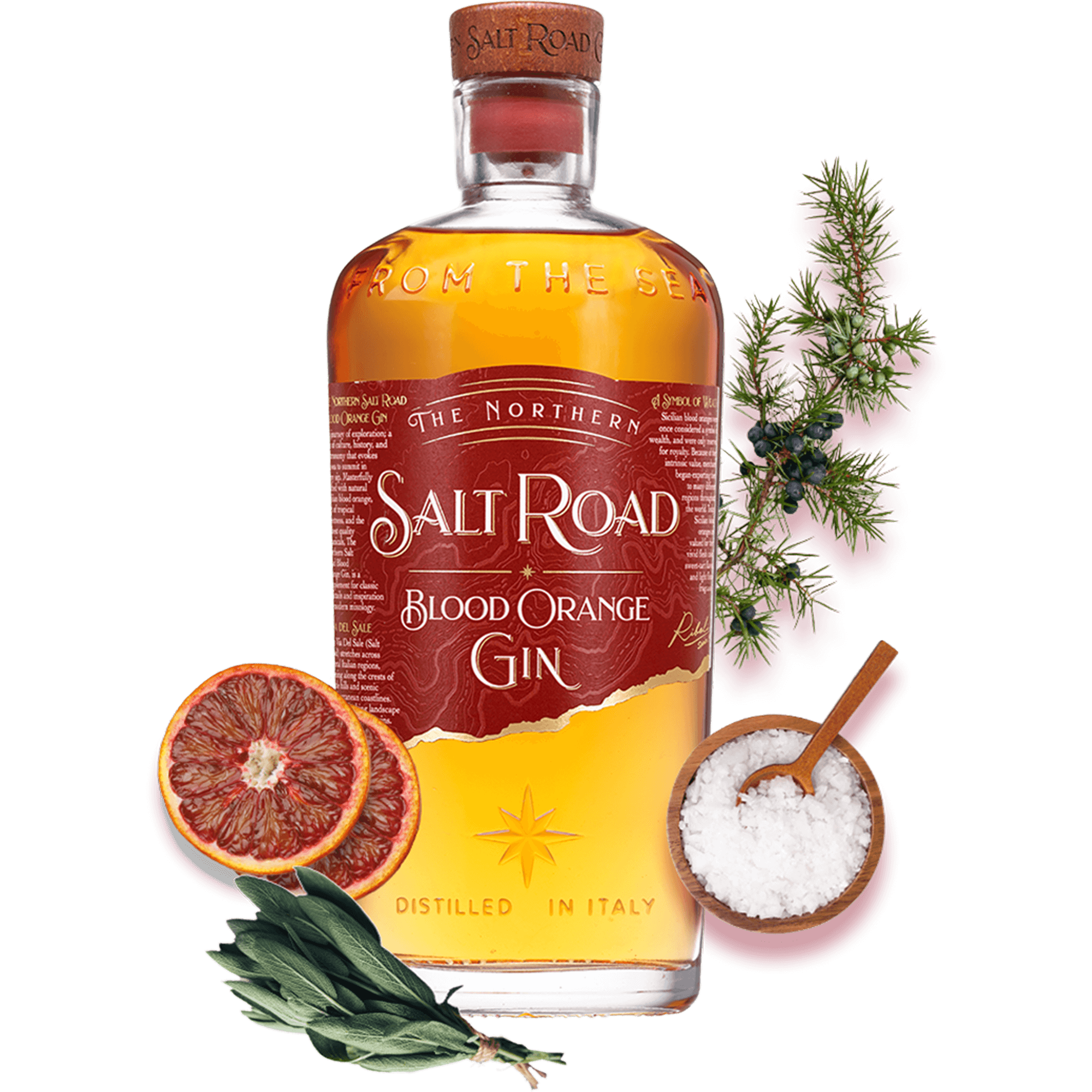 The Northern Salt Road Blood Orange Gin bottle with blood orange slices, herbs, and salt, showcasing its vibrant character.