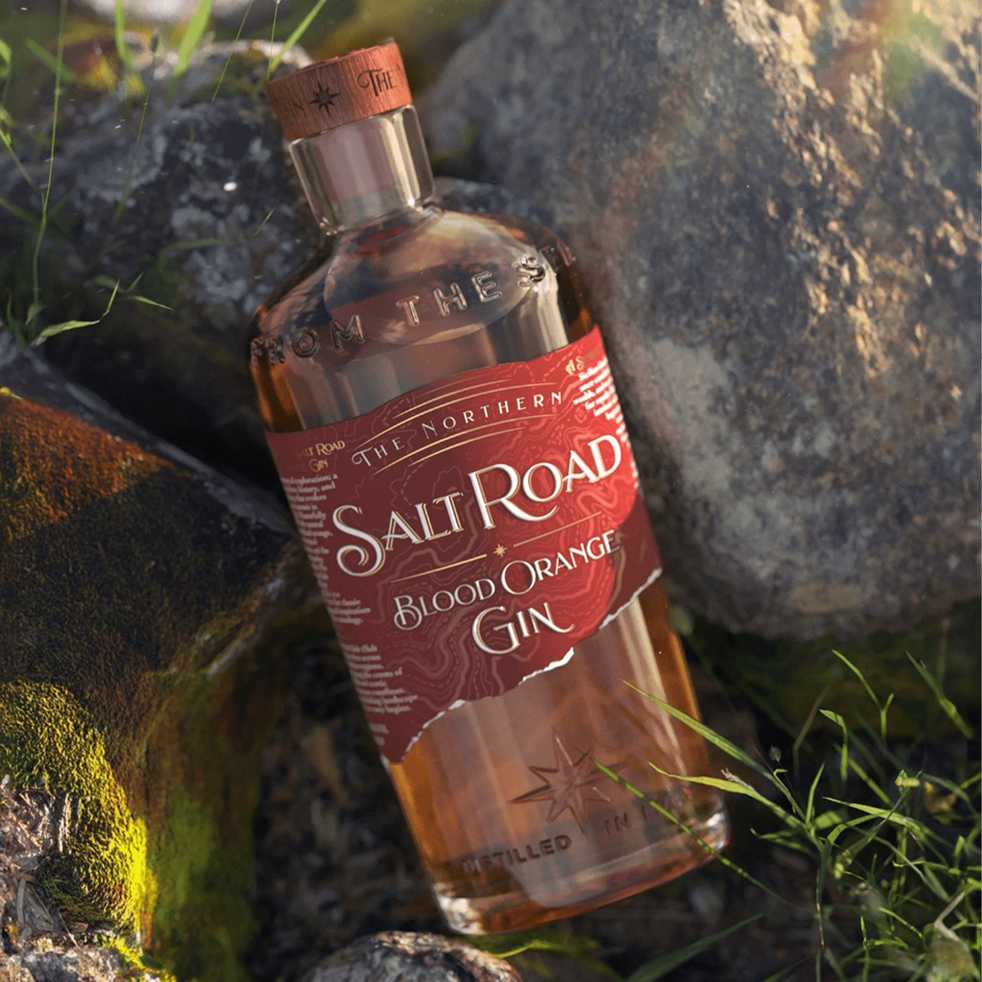 Bottle of Northern Salt Road Blood Orange Gin resting on rocks, showcasing its bold, citrus flavors.