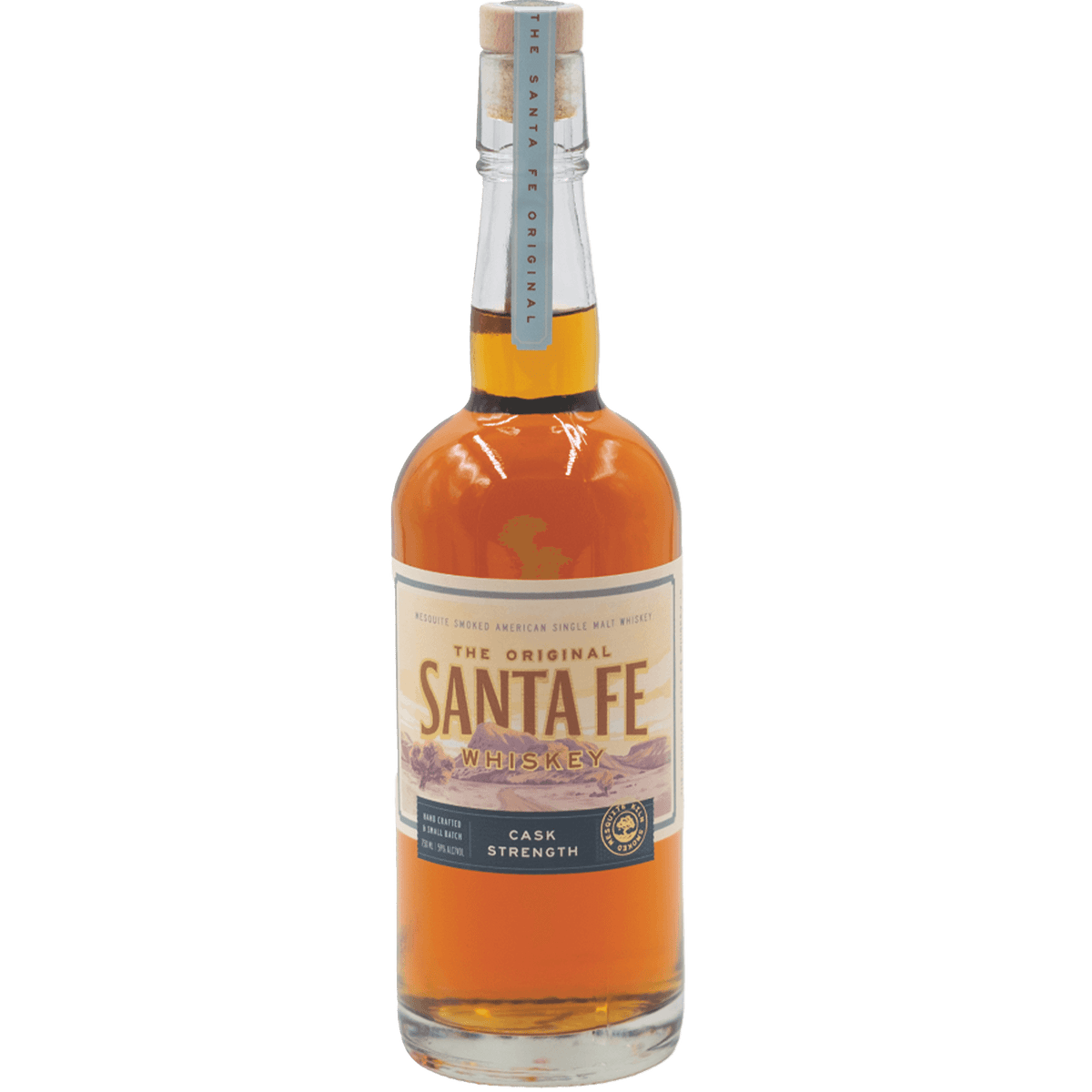 The Original Santa Fe Whiskey Cask Strength bottle showcasing its rich amber color and distinctive label.