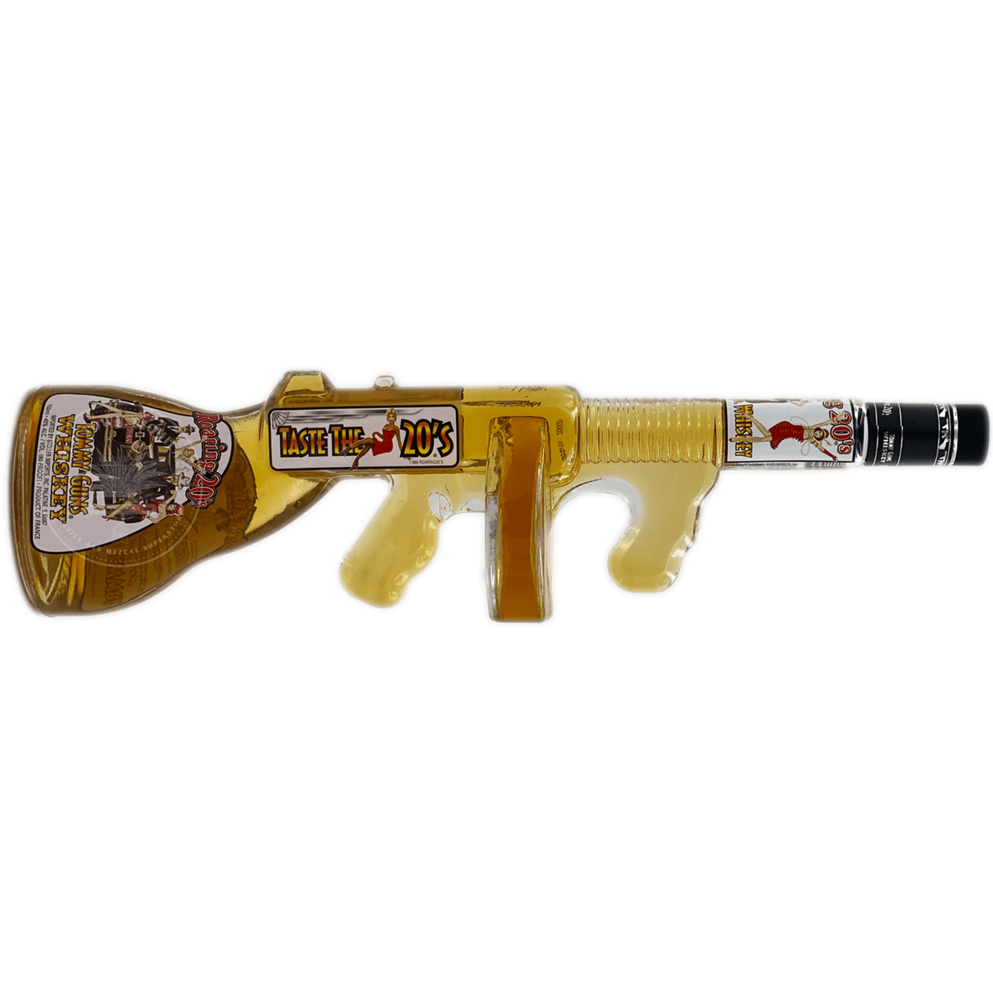 Tommy Guns Whiskey bottle shaped like a Tommy gun, celebrating the Roaring 20s and Prohibition era.