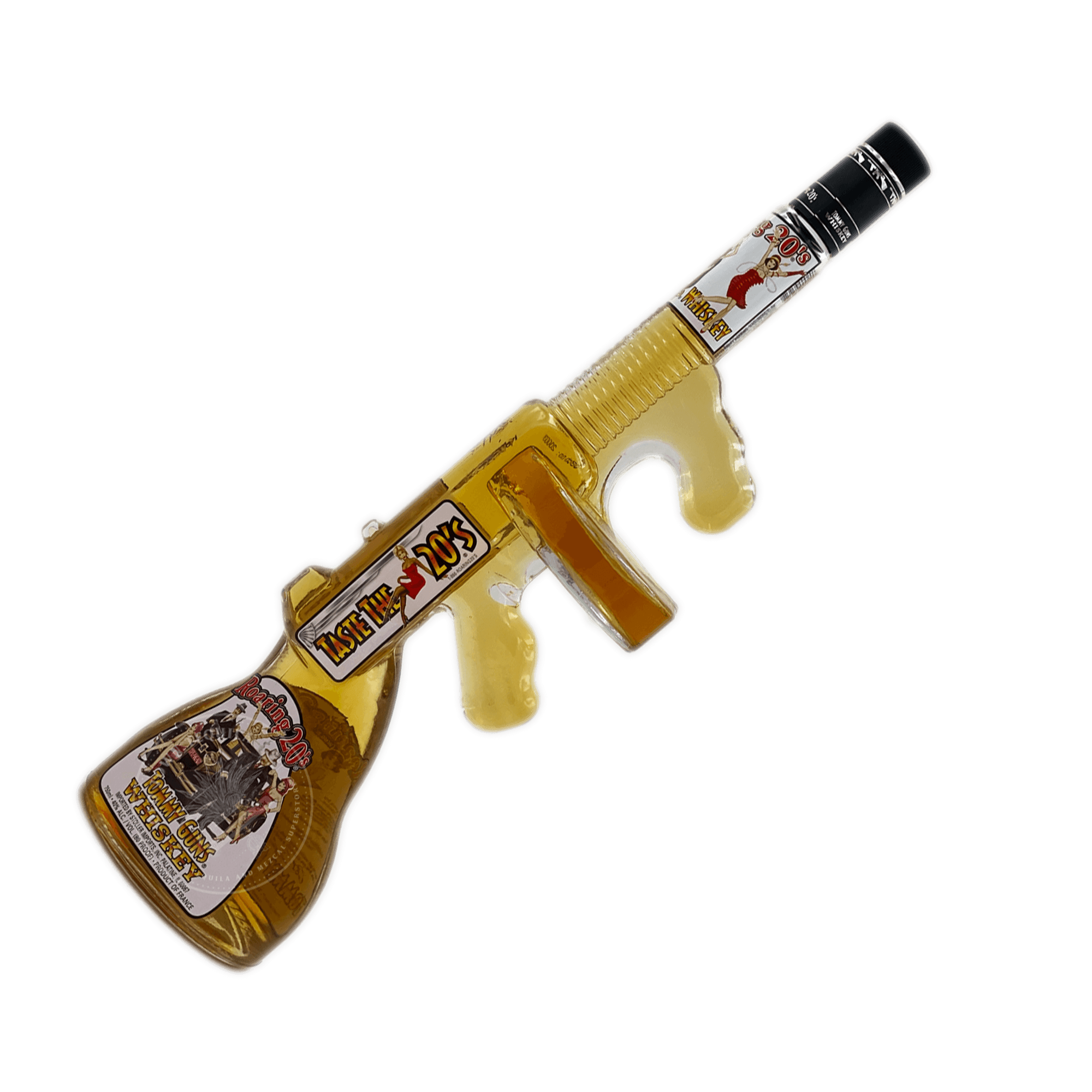 Tommy Guns Whiskey bottle shaped like a rifle, capturing the spirit of the Roaring 20s with bold sophistication.