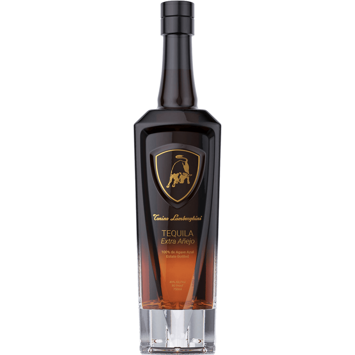Bottle of Tonino Lamborghini Extra Añejo Tequila showcasing an elegant design and rich amber color.