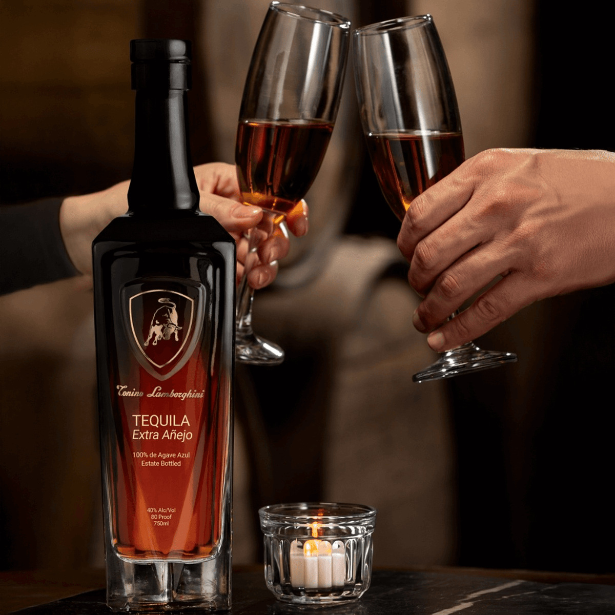 Cheers with Tonino Lamborghini Extra Añejo Tequila, showcasing elegance and craftsmanship in a festive setting.