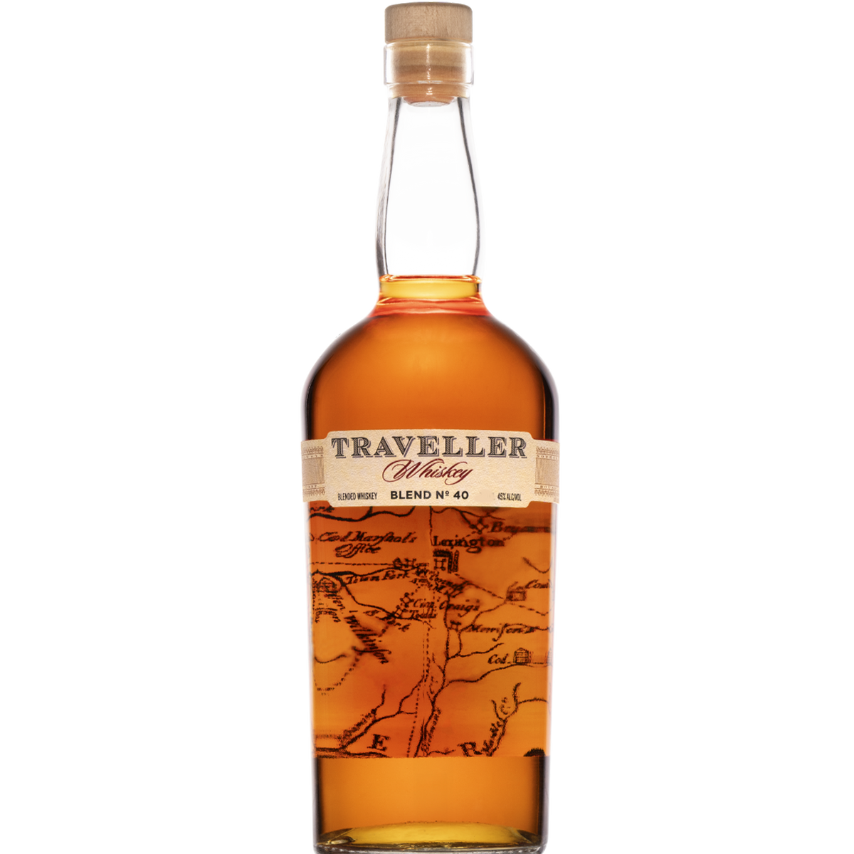 Bottle of Traveller Blend No. 40 Whiskey 1.75L featuring detailed label and unique artwork.