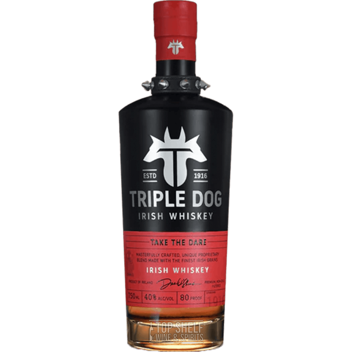 Triple Dog Take The Dare Irish Whiskey bottle, 80 proof, smooth, aged in French oak, unique flavor profile.