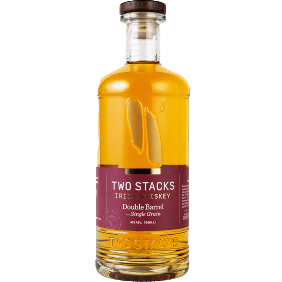Two Stacks Single Grain Double Barrel Irish Whiskey bottle showcasing its floral notes and elegant amber color, 700ml.