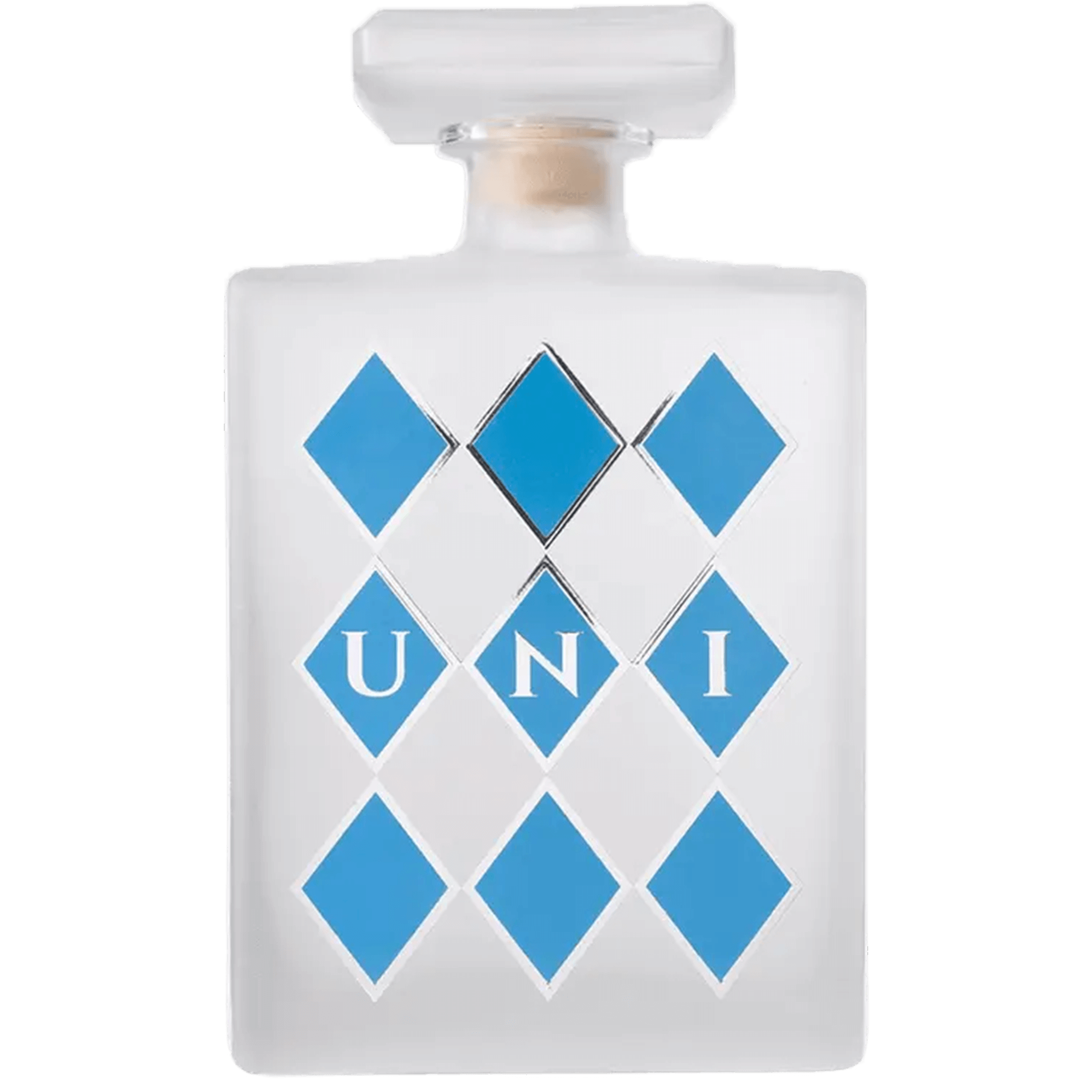 Uni Organic Blanco Tequila bottle with blue diamond design, highlighting its small batch, organic craftsmanship.