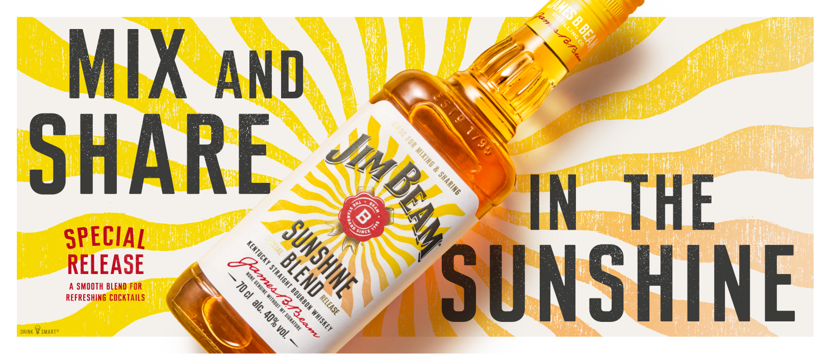 Jim Beam Sunshine Bourbon bottle with vibrant sunburst design, perfect for refreshing summer cocktails.