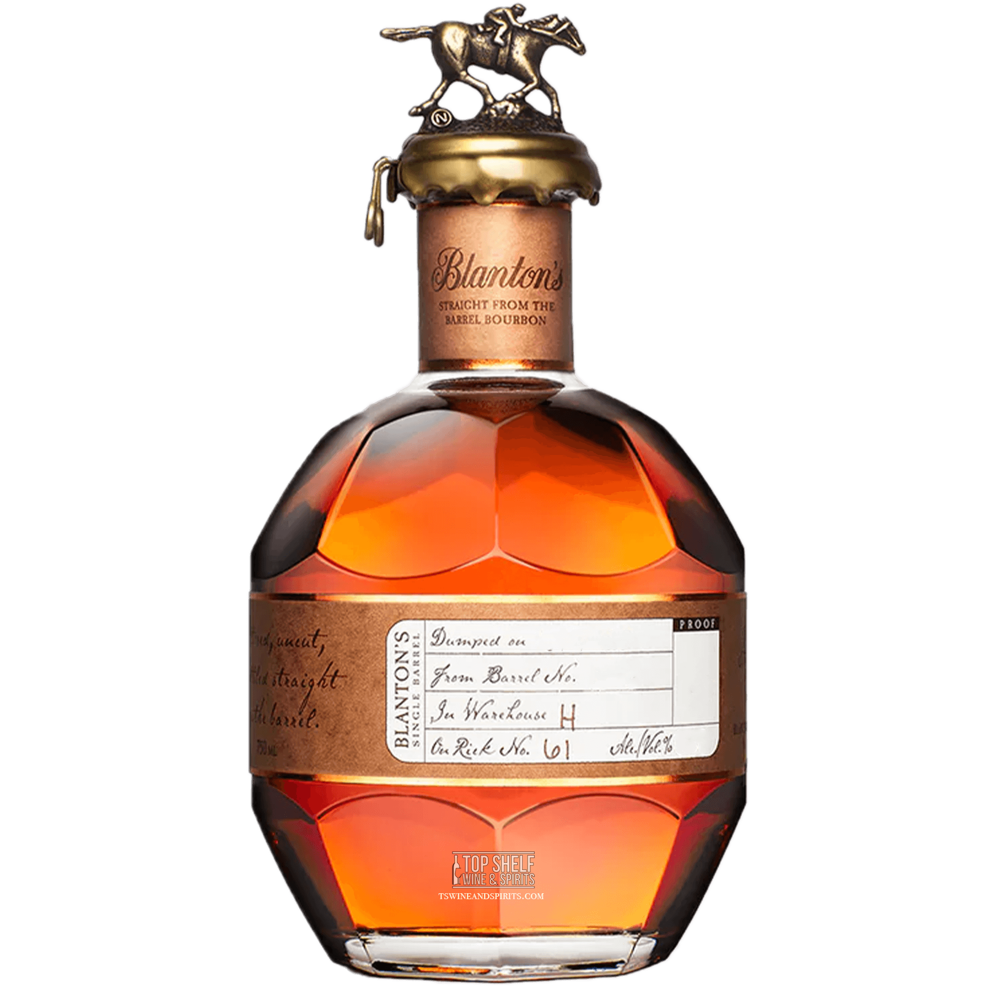 Bottle of Blanton's Straight From The Barrel Bourbon showcasing its distinct octagonal shape and iconic horse stopper.