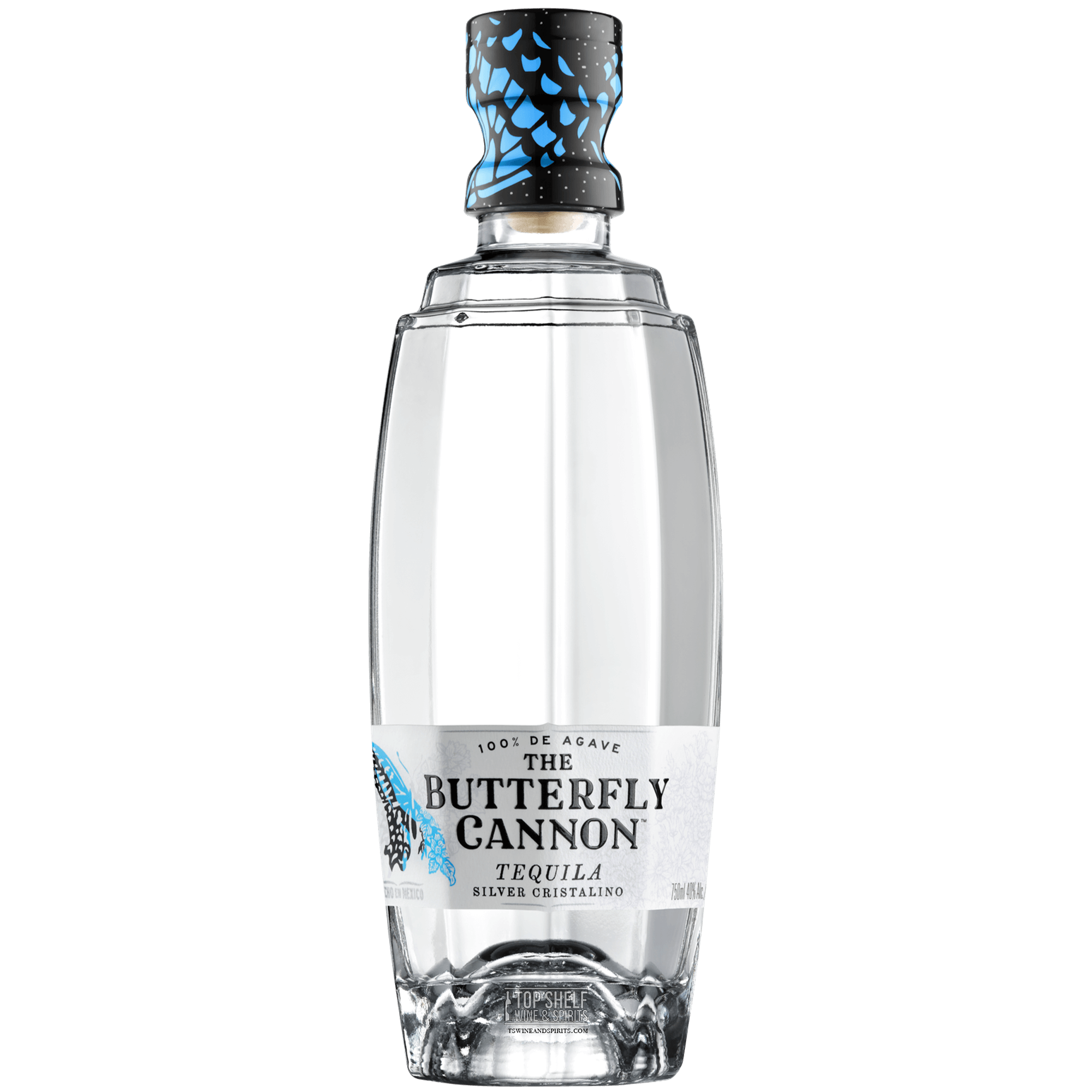 Butterfly Cannon Silver Cristalino tequila bottle, handcrafted, clear, 100% agave, 40% ABV, elegant design.