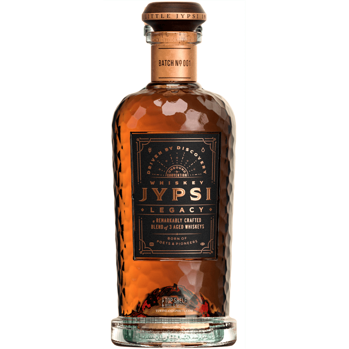 Whiskey JYPSI Legacy Batch 001 bottle featuring unique design and exquisite amber color.