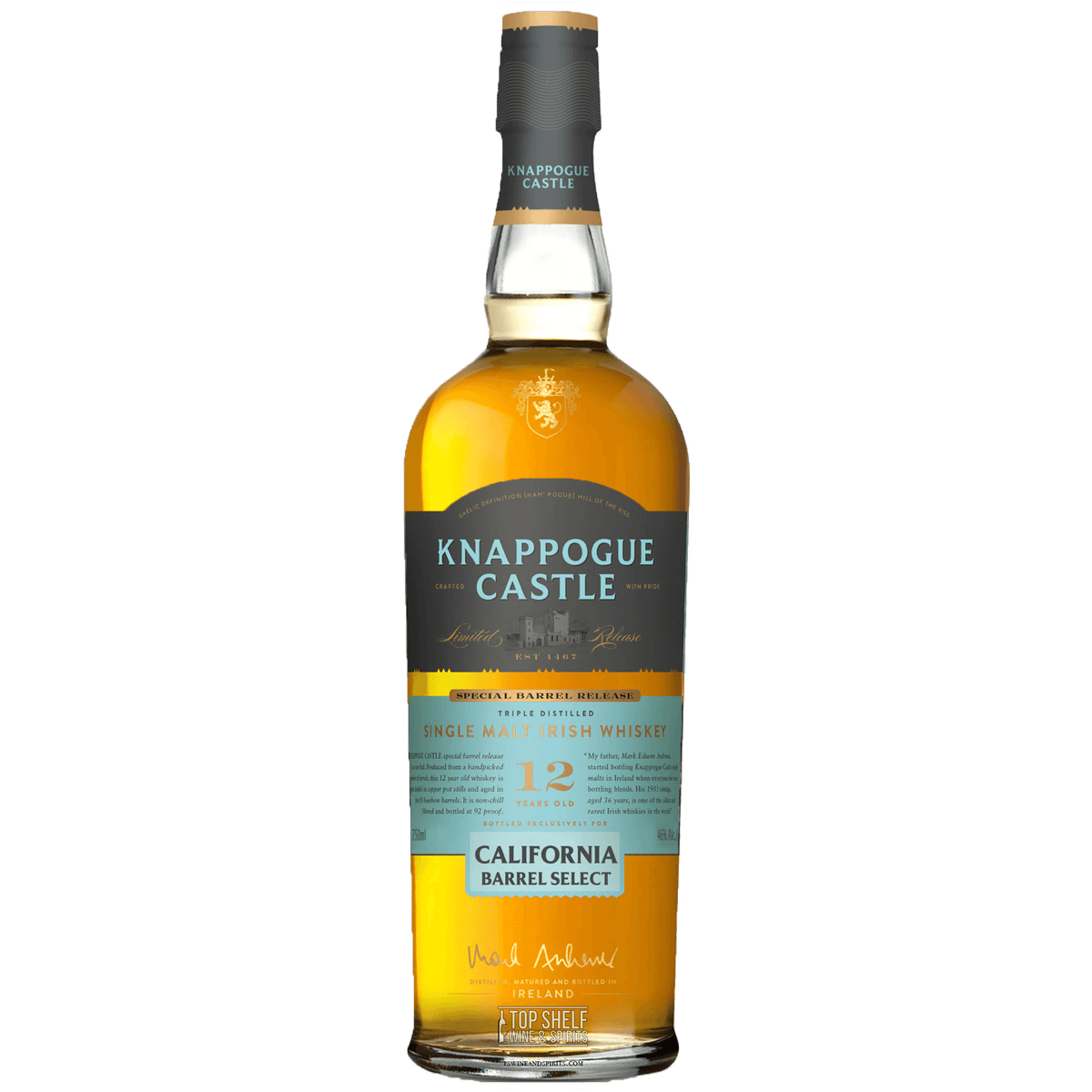 Knappogue Castle 12 Year California Barrel Select Single Malt Irish whiskey bottle showcasing rich amber color and elegant design.