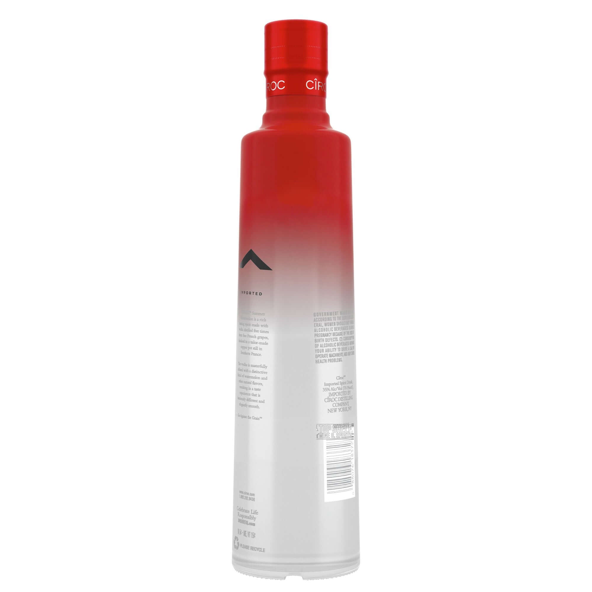 Ciroc Summer Watermelon Vodka bottle showcasing its distinctive red and white design, highlighting premium French vodka.