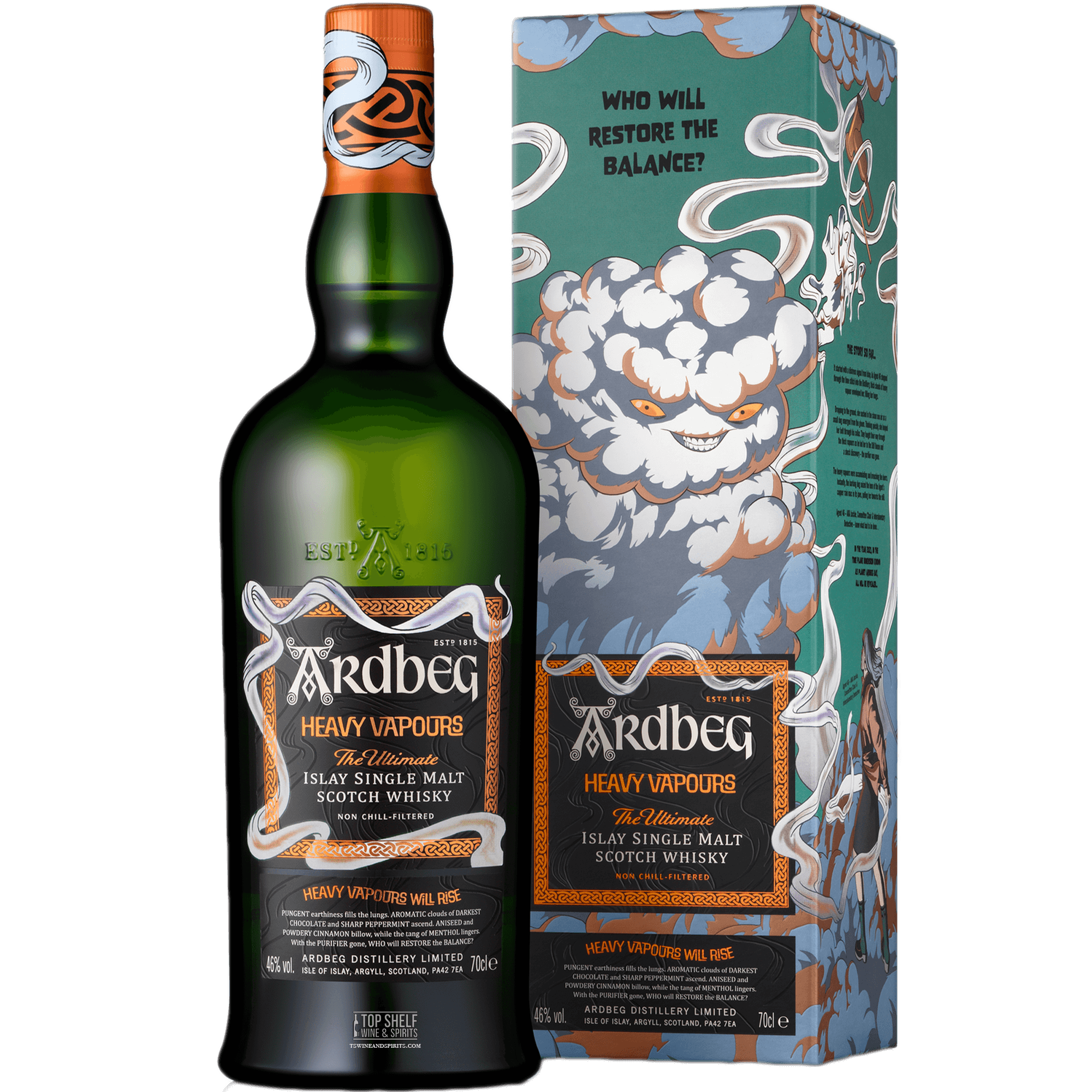 Ardbeg Heavy Vapours Islay Single Malt Scotch bottle and packaging, featuring rich flavors and smoky aroma.