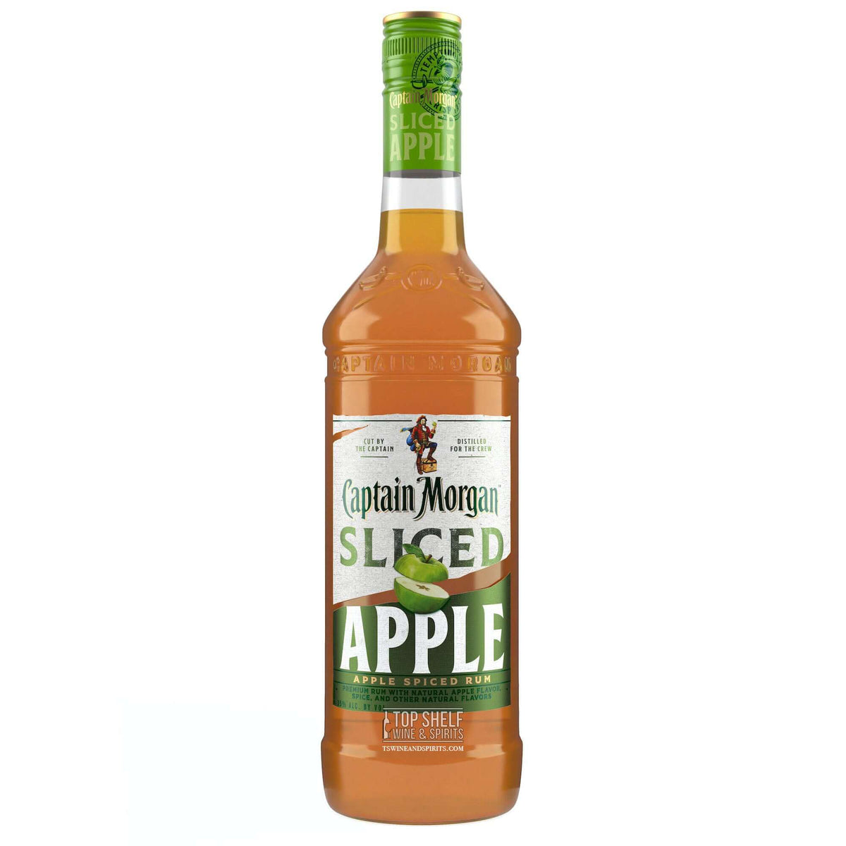 Bottle of Captain Morgan Sliced Apple Spiced Rum, showcasing a refreshing apple-flavored drink for celebrations.