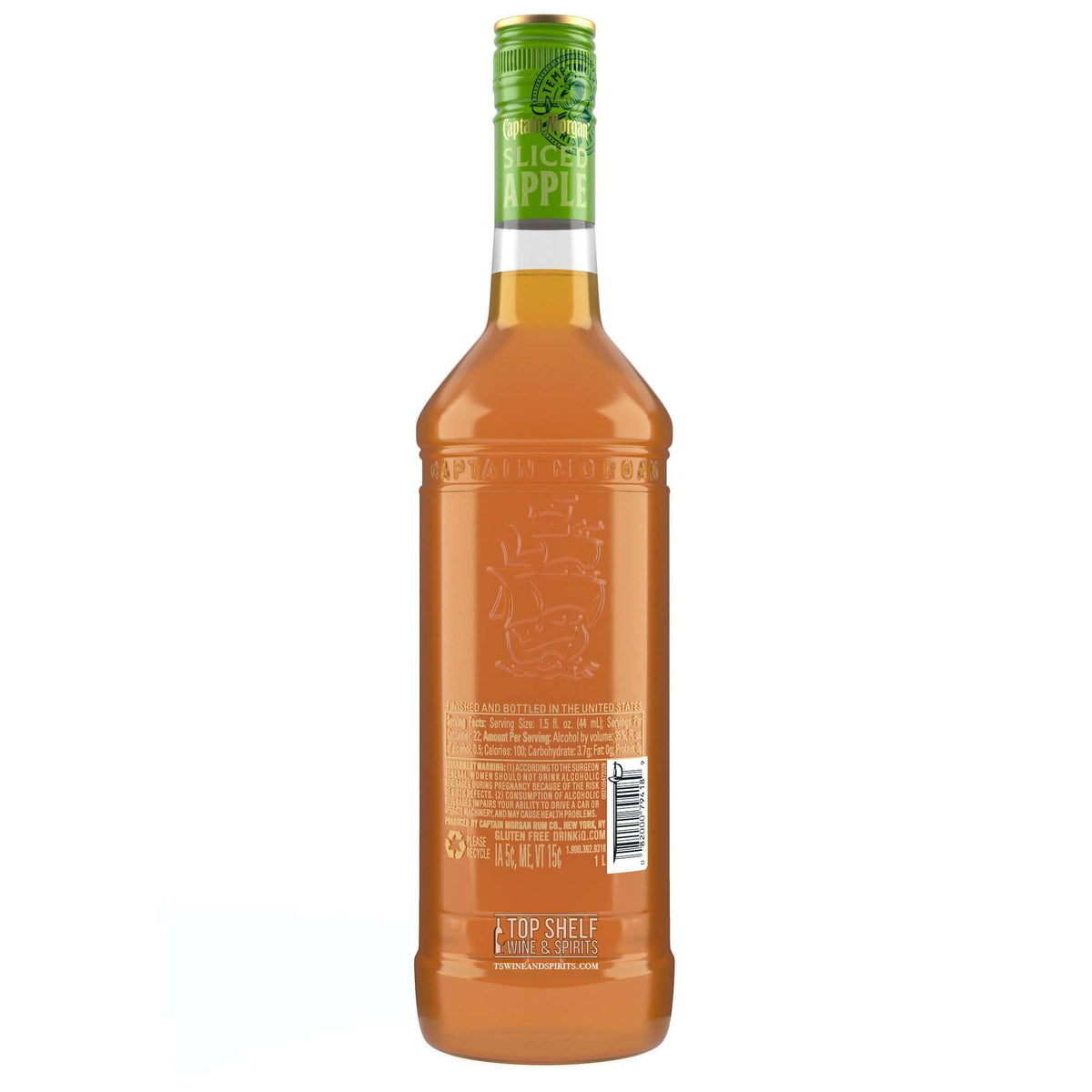 Back view of Captain Morgan Sliced Apple Rum bottle showcasing its label and green cap.