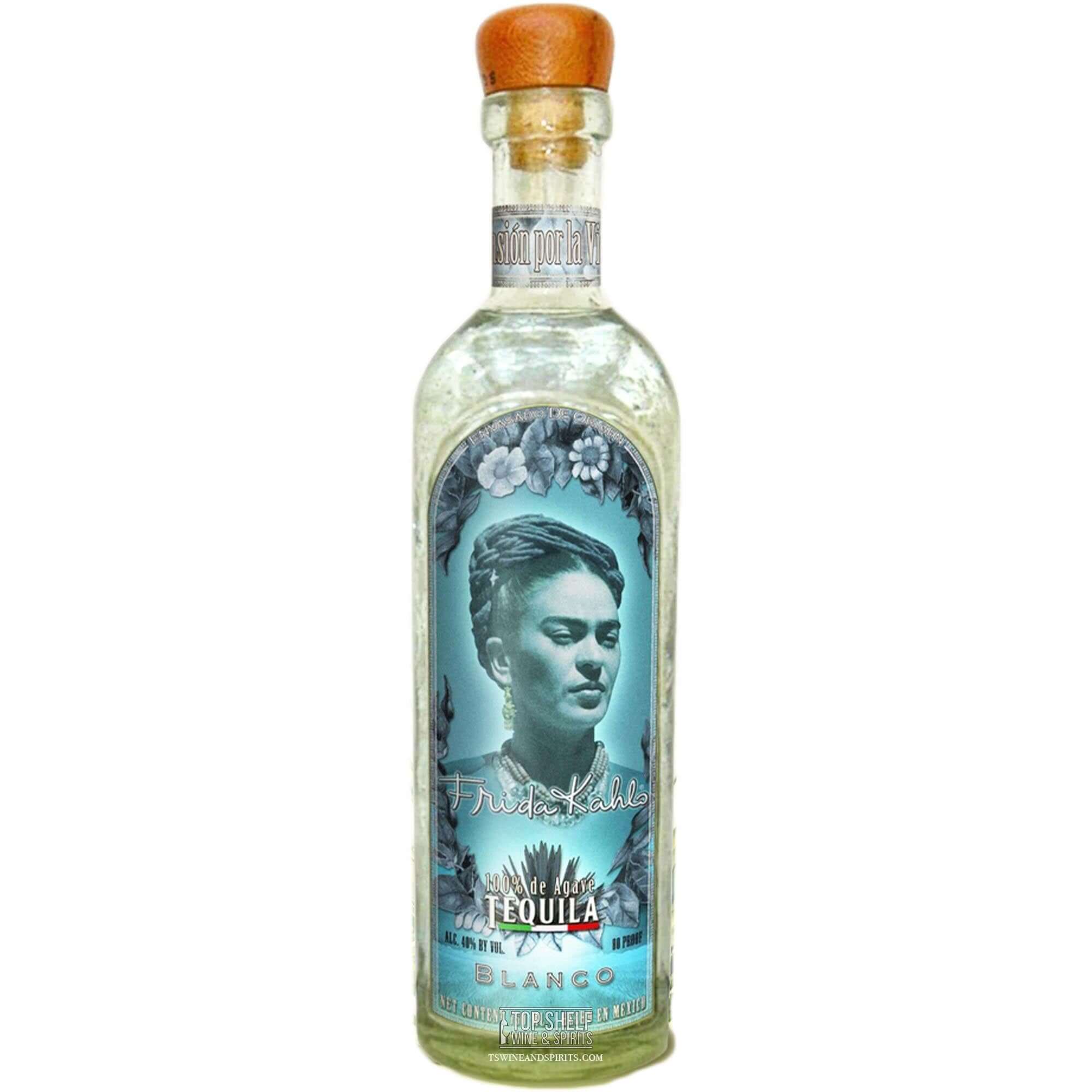 Frida Kahlo Tequila Blanco bottle featuring an artistic design and natural ingredients, perfect for cocktails.