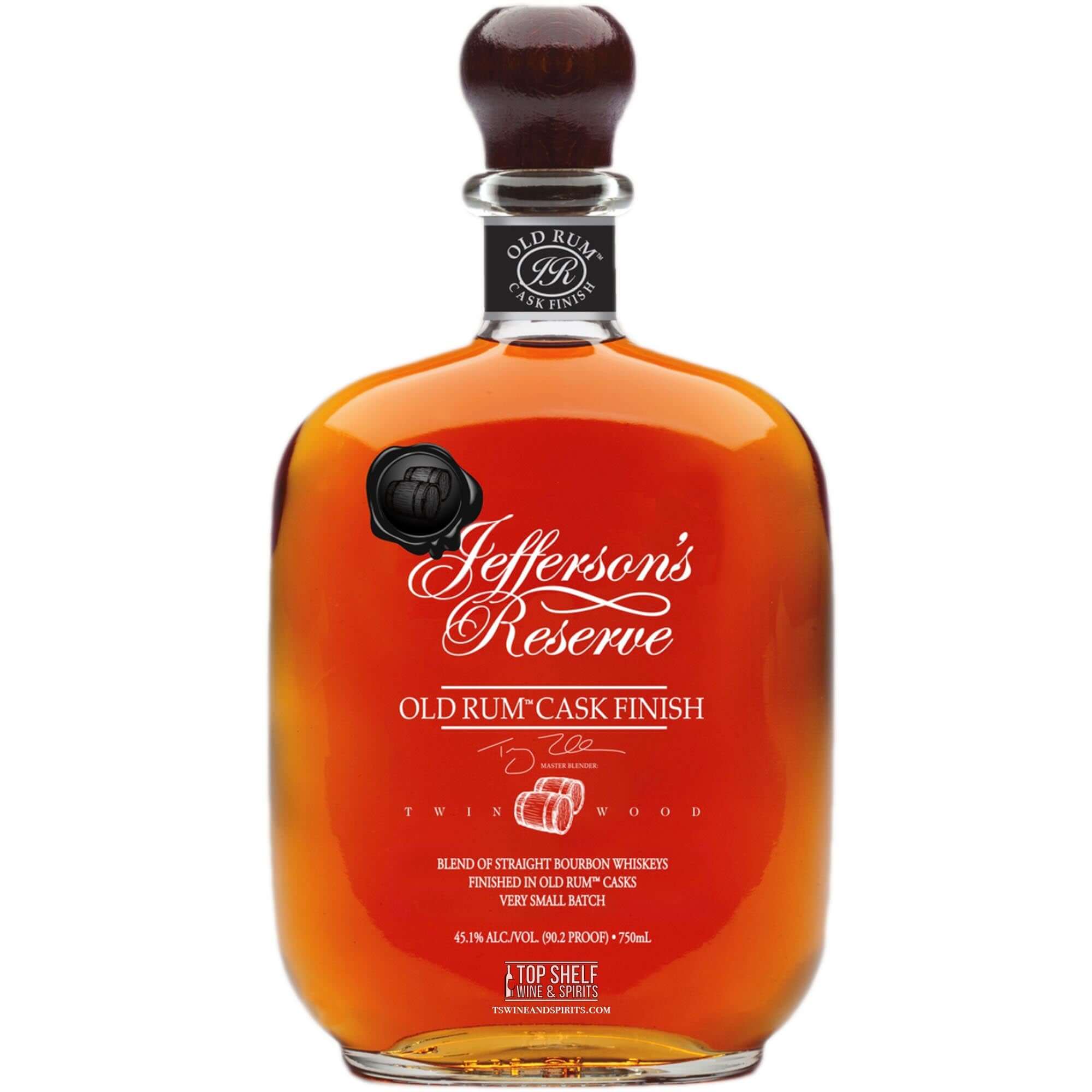 Jefferson's Reserve Old Rum Cask Finish Bourbon bottle, showcasing rich color and elegant design for whiskey enthusiasts.
